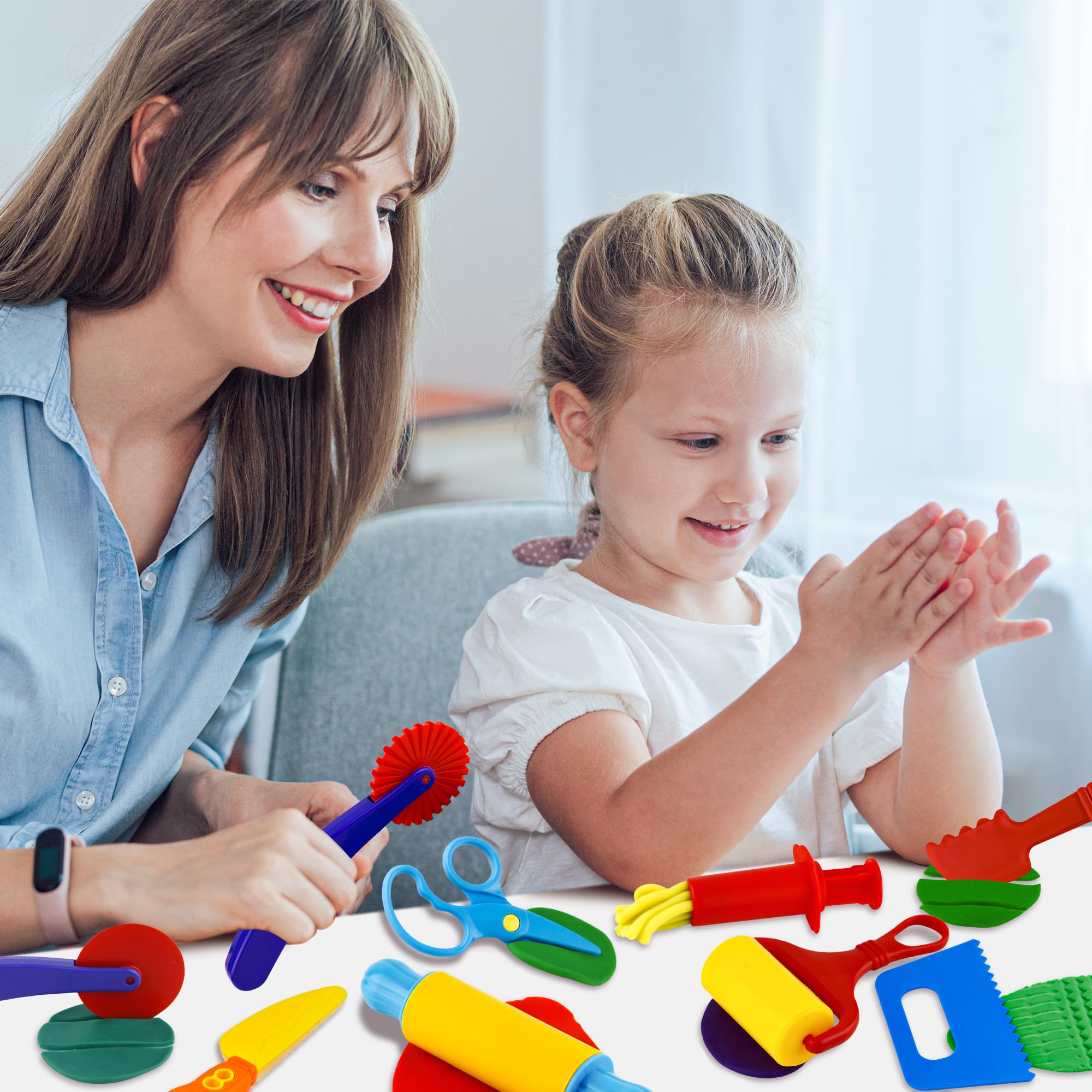 Oun Nana Playdough Tool Kit for Kids, 9 PCS Basic Playdough Starter Set, Playdough Accessories with Pizza Cutter, Safety Scissors, Rolling Pin, Roller, Dough Scraper, Dough Extruder, Plastic Knife - Image 7