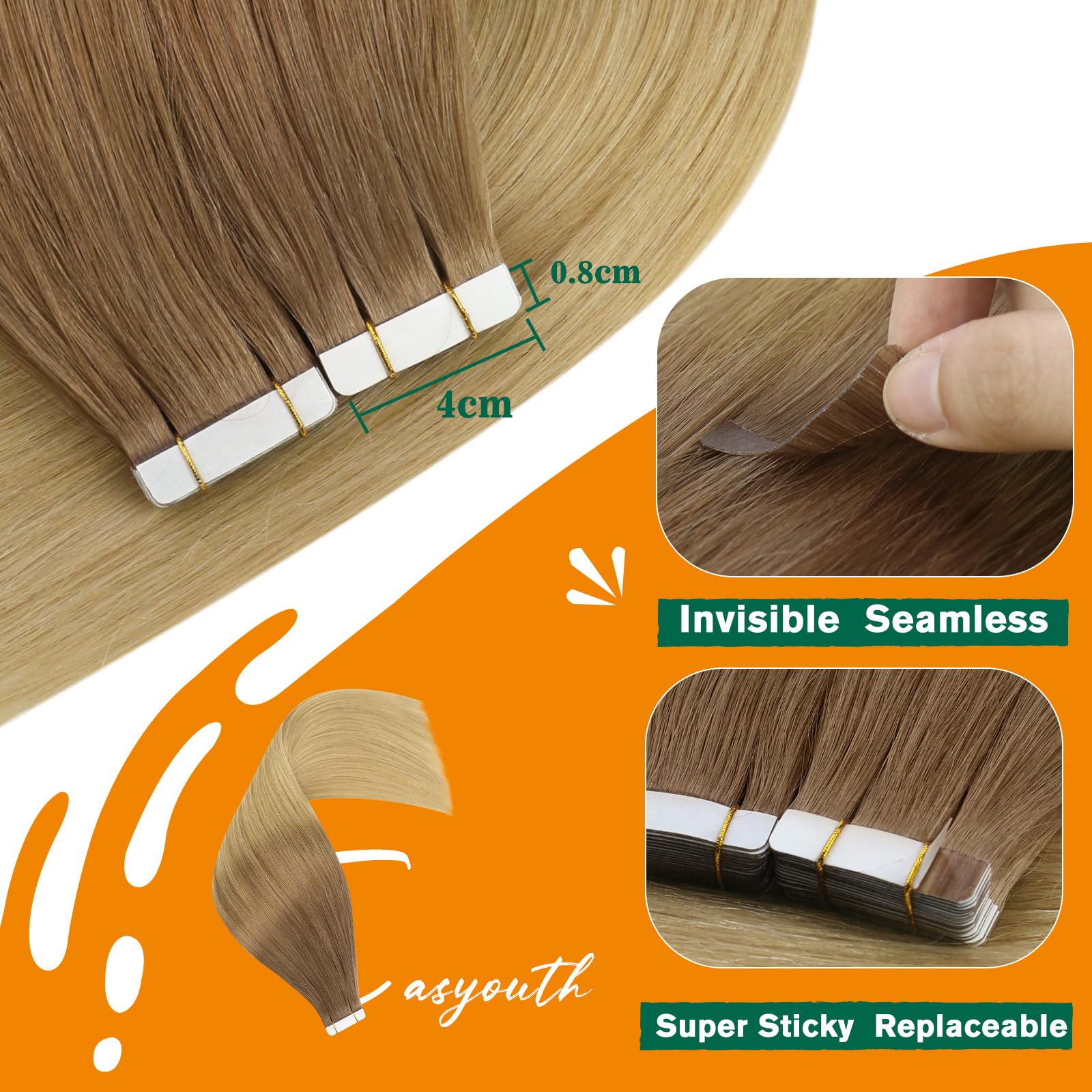 Easyouth Ombre Tape in Hair Extensions Human Hair Invisible Tape in Human Hair Extensions Brown to Golden Blonde Human Hair Extensions Tapes in for Natural Look 12 Inch 30g 20Pcs #10/14 - Image 3