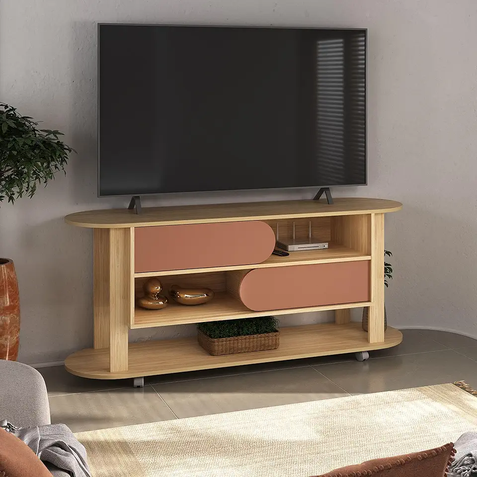 Rack 1,50mt para TV até 65 polegadas rodizios 2 portas de correr MUNDY cor Naturale/Terracota - Artely