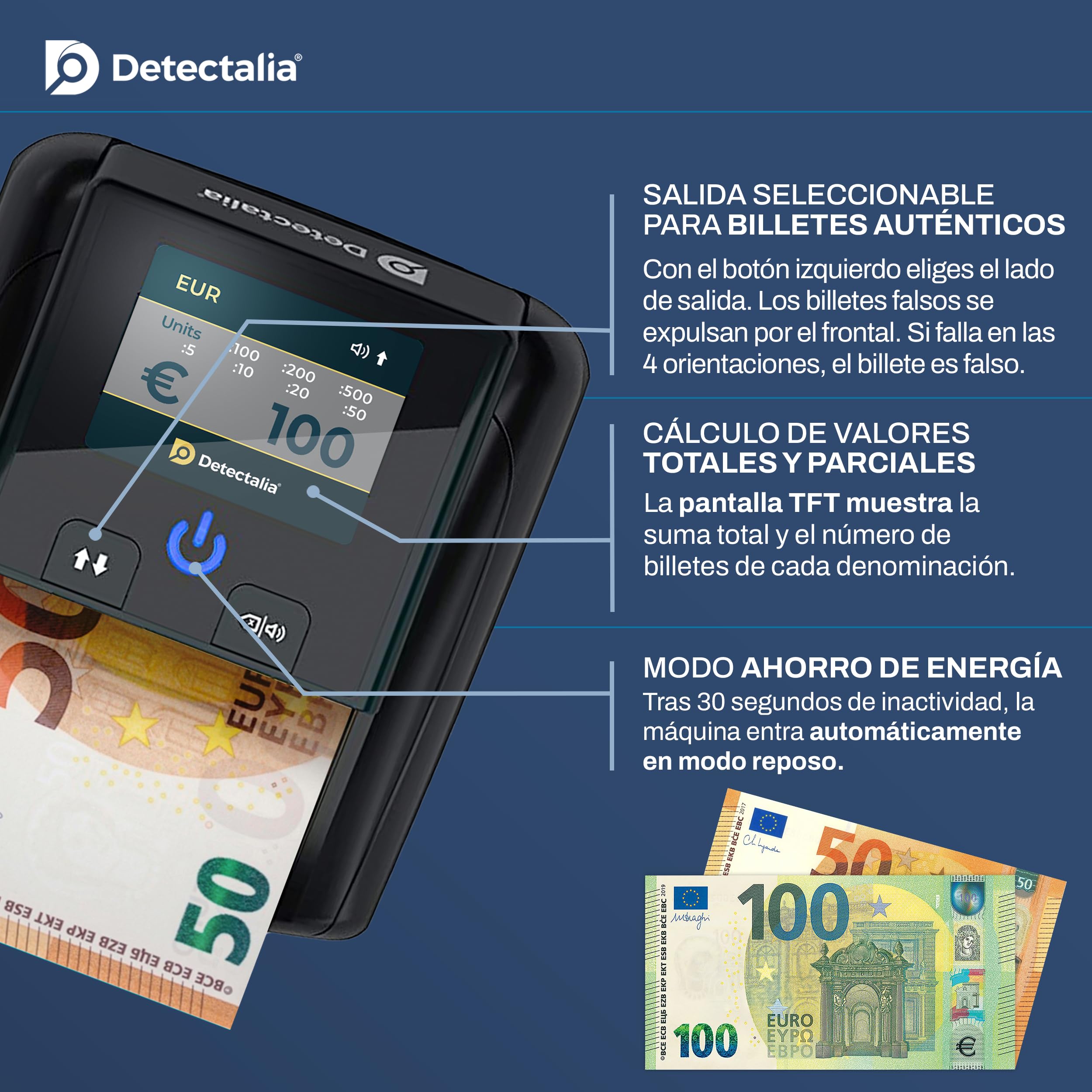 Detectalia D7T+ Detector de Billetes Falsos con 100% detección, 5 Sistemas de detección para 3 divisas EUR, GBP, USD y Pantalla Color TFT