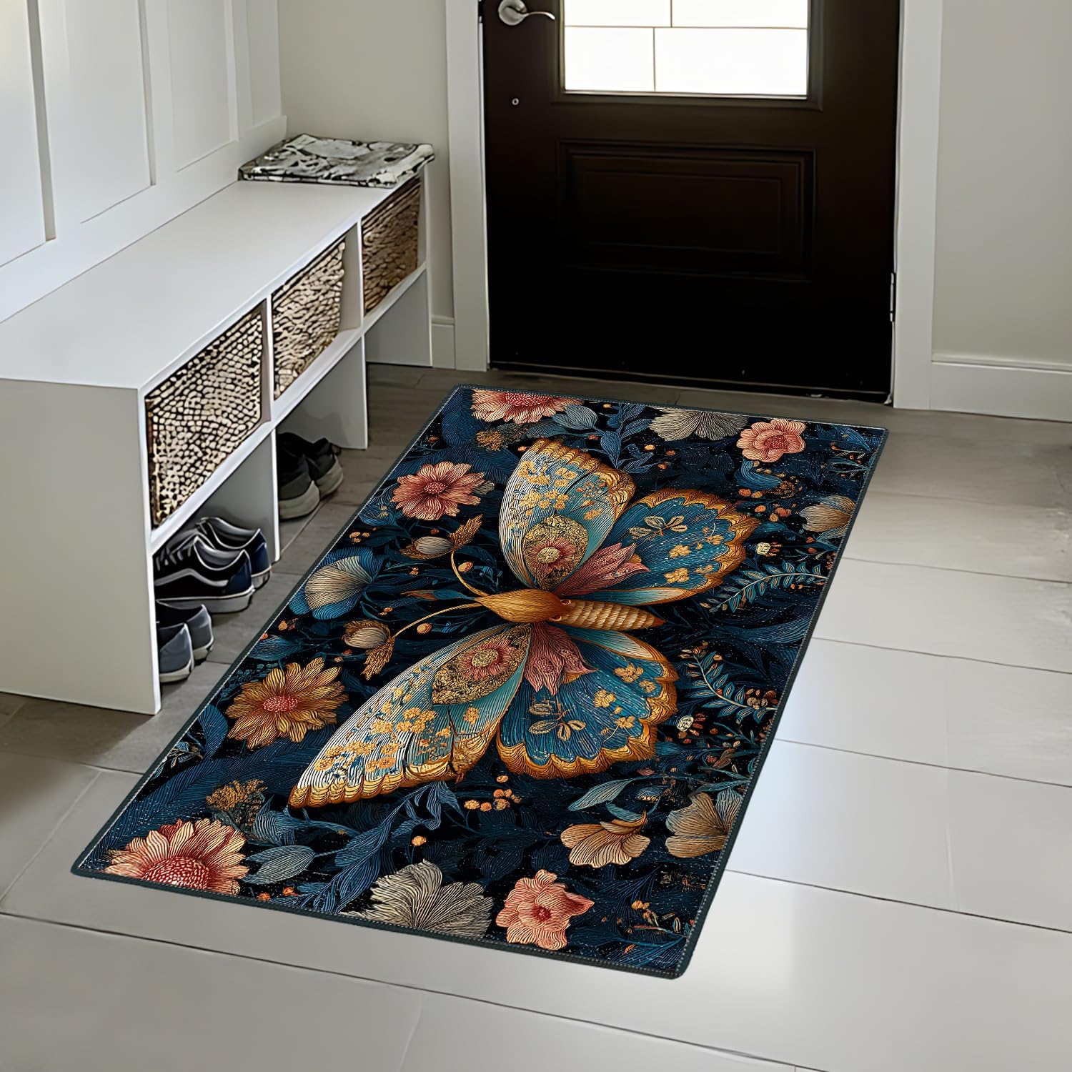 Butterfly Area Rug 2x3 ft Entry Rug Washable Boho Rugs Non Slip Low Pile Floral Door Mat Small Carpet for Bedroom, Bedside, Kids Room, Office, Dining Room