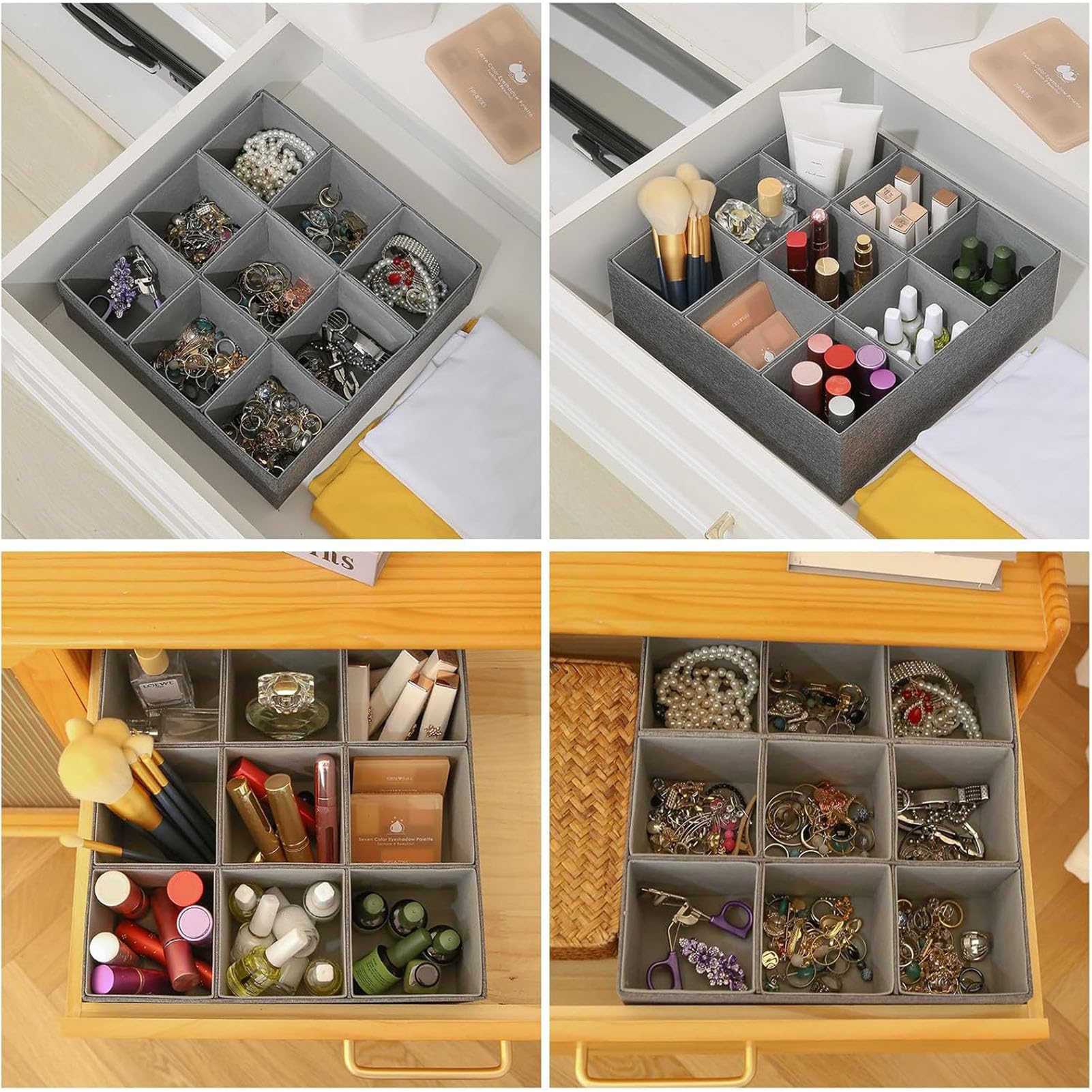 Denash Organizzatore per Cassetti, Scatola Portaoggetti per Armadio a 9 Scomparti per Biancheria Intima, Calzini, Cravatte, Cinture, Divisorio Pieghevole in Tessuto per Biancheria (GREY)