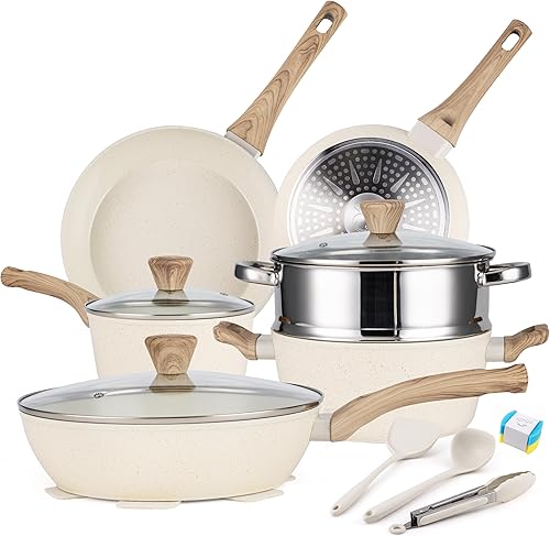 PekGema Juego de utensilios de cocina de cerámica, ollas y sartenes antiadherentes, no tóxico, saludable, antiadherente, utensilios de cocina de