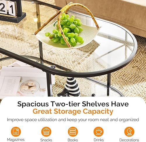 Miniatura 131 de VINGLI Mesa de centro de cristal, mesa de centro redonda de 30 pulgadas, mesas de centro negras para sala de estar, mesa auxiliar de vidrio Negro