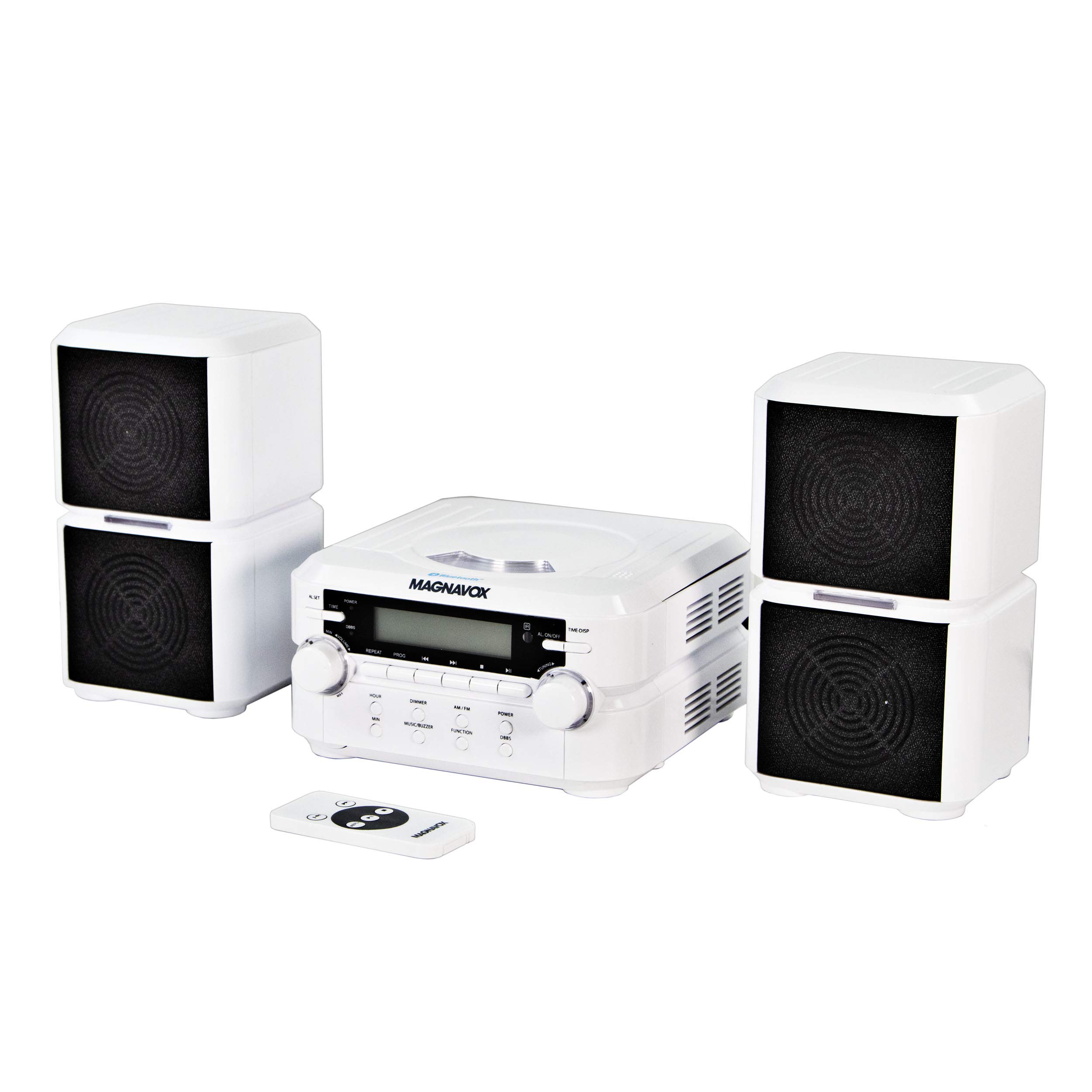 Magnavox MM435-WH 3-Piece Compact CD Shelf System with Digital AM/FM Stereo Radio, Bluetooth Wireless Technology, and Remote Control in White | LCD Display | AUX Port Compatible |