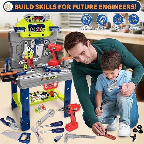 Miniatura 4 de Caja de herramientas 2 en 1 y banco de trabajo de herramientas con herramientas realistas y taladro eléctrico (verde)