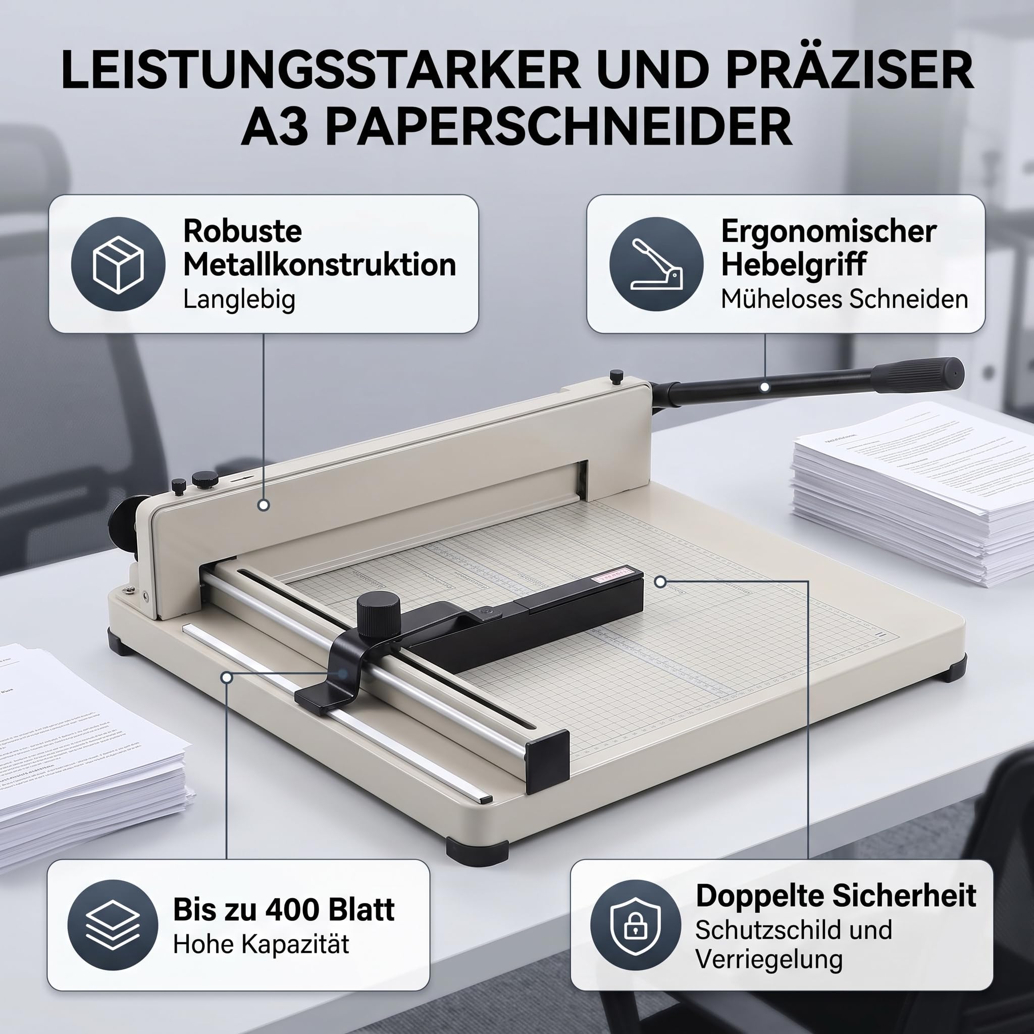 A3 Papierschneider, Stapelschneider Hebelschneide Präzisions-Schneidemaschine Schneiden Craft für Büro Schule und Zuhause Schwerlast manuell bedienbarer Desktop Papierschneider