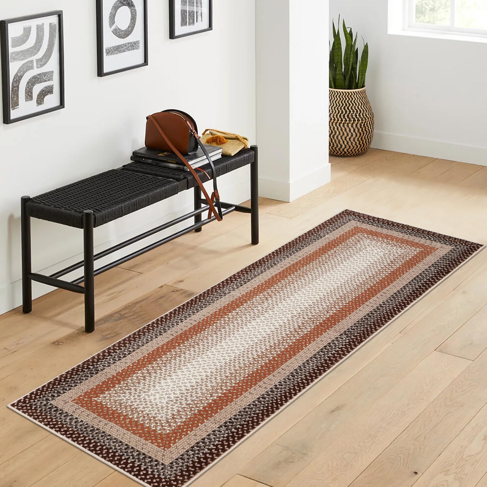 RUGSREAL Washable Runner Rug 2x8 Non Slip Braided Hallway Runner Mat Stain Resistant Kitchen Rug Farmhouse Printed Carpet Rustic Accent Runner for