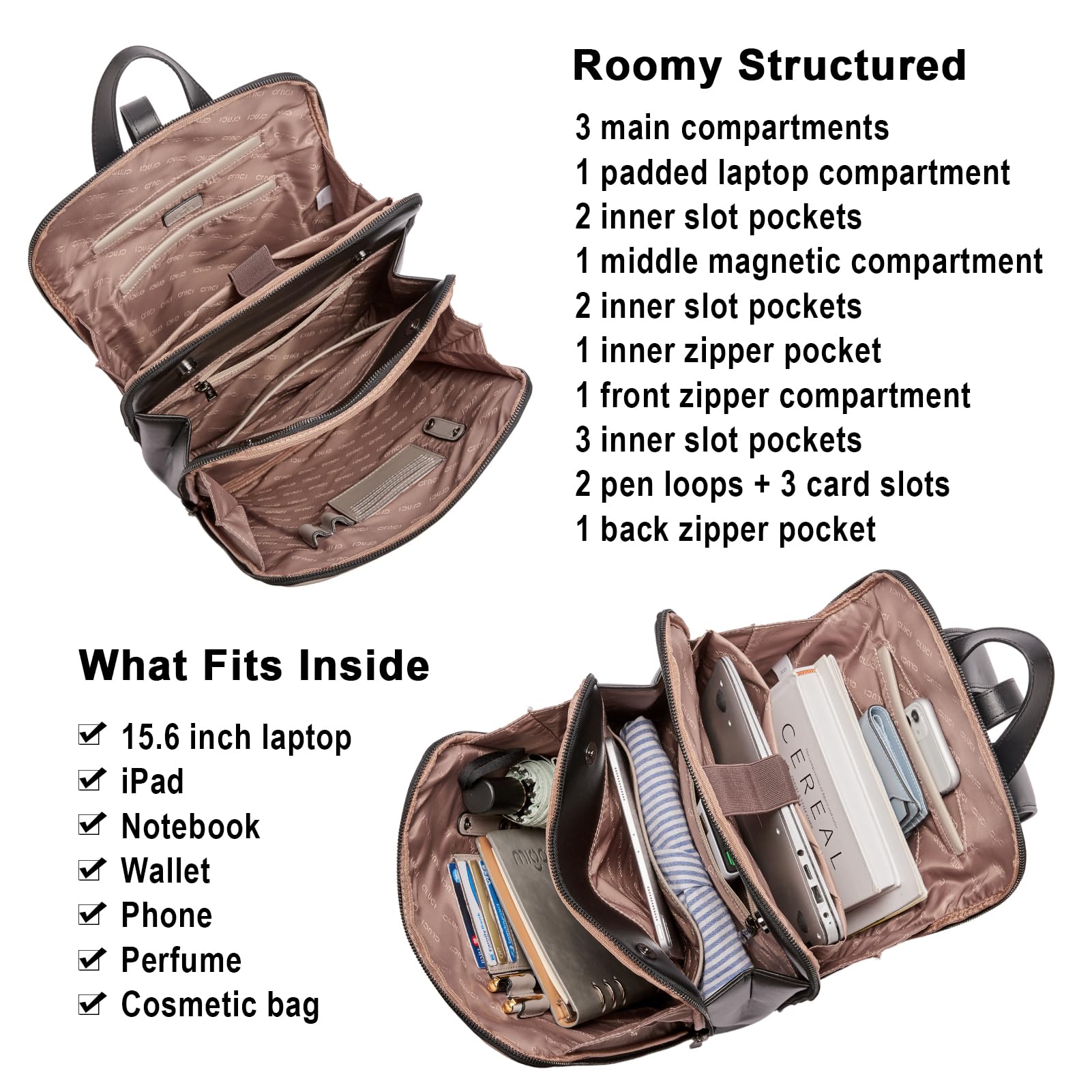 CLUCI Leather Backpack for Women, 15.6 inch Laptop Bag, Large Genuine Work Backpack Travel Back — Amazon image 11