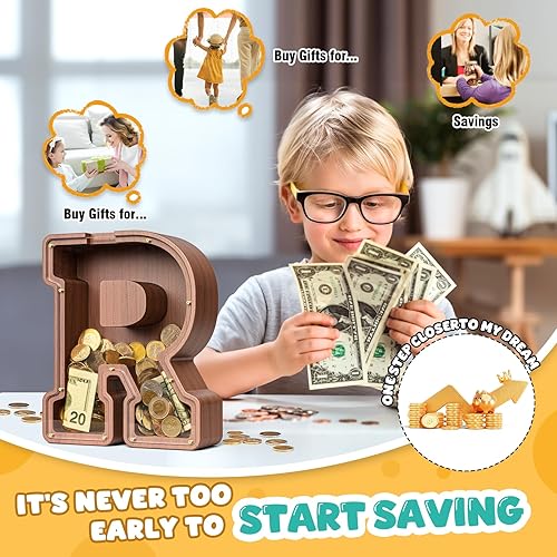 Miniatura 428 de SummiDate Alcancía de madera con nombre, niños y niñas, tamaño grande, letras alfabeto A-Z, monedas y billetes, inicial en cubierta transparente