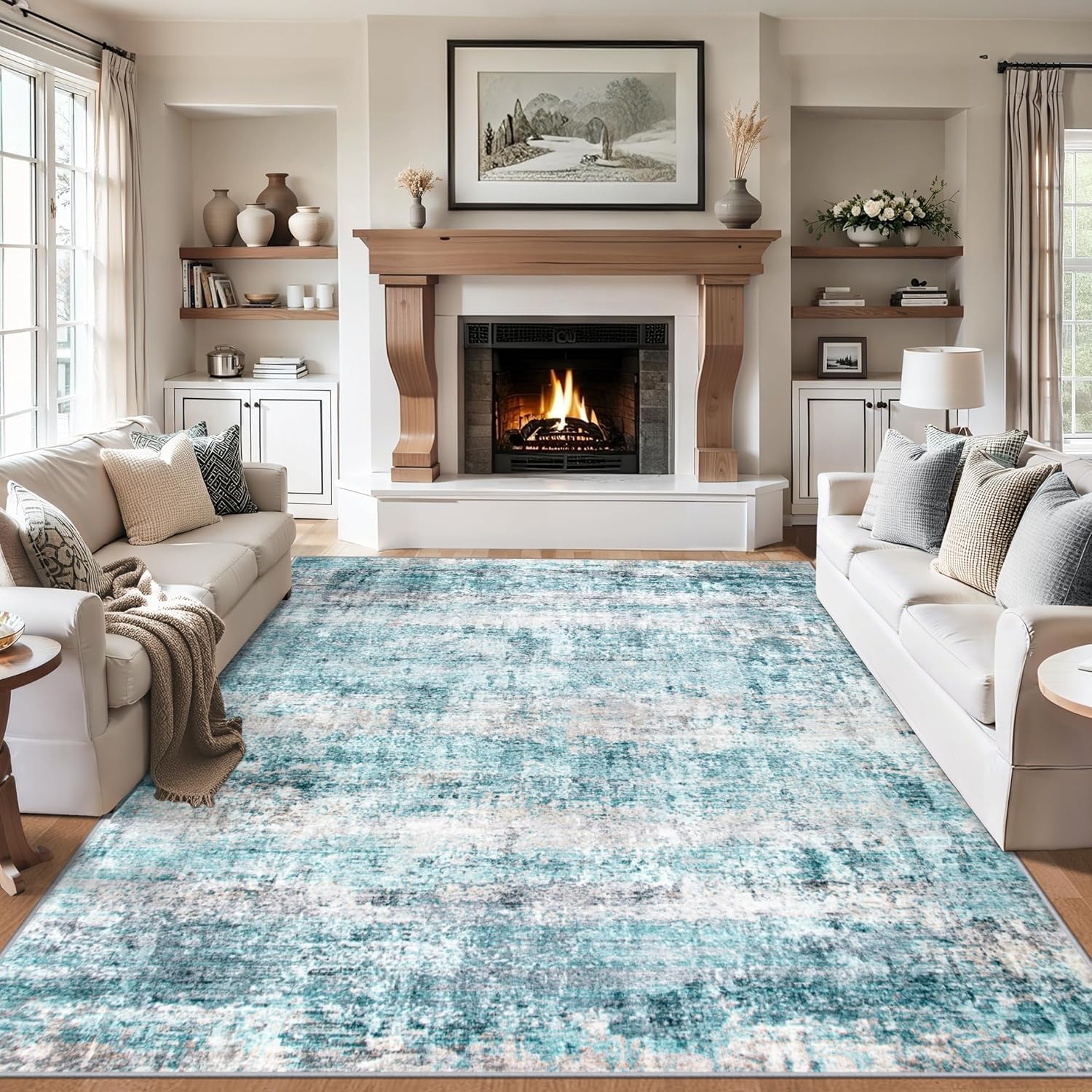Tapis poil ras 200x250 cm bleu et beige pour grand salon moderne