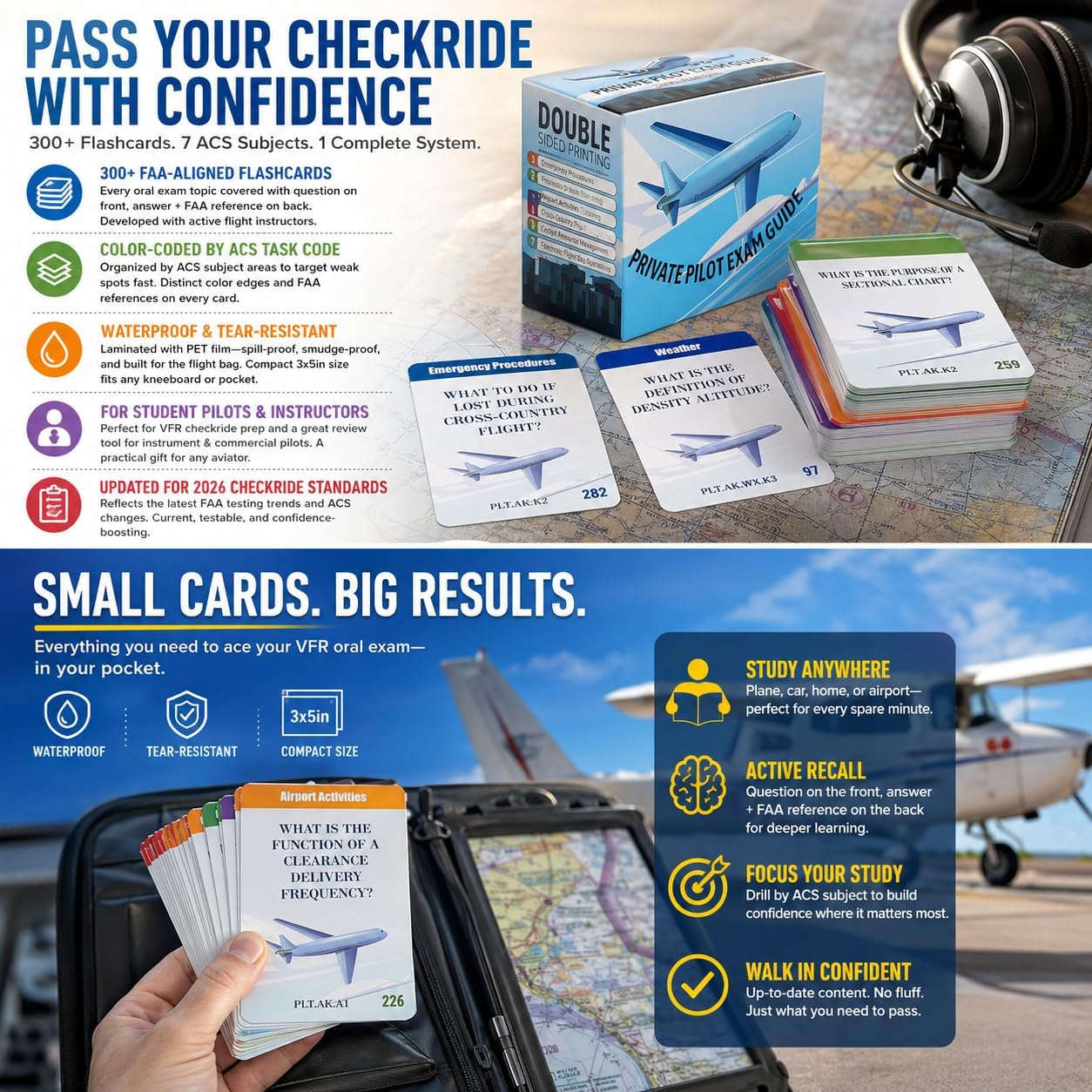 Private Pilot VFR Oral Exam Flashcards – 300+ Study Cards Covering ACS Task Codes, Airspace, Weather, Sectional Charts & Regulations – Updated for 2026 Checkride – Waterproof & Tear-Resistant
