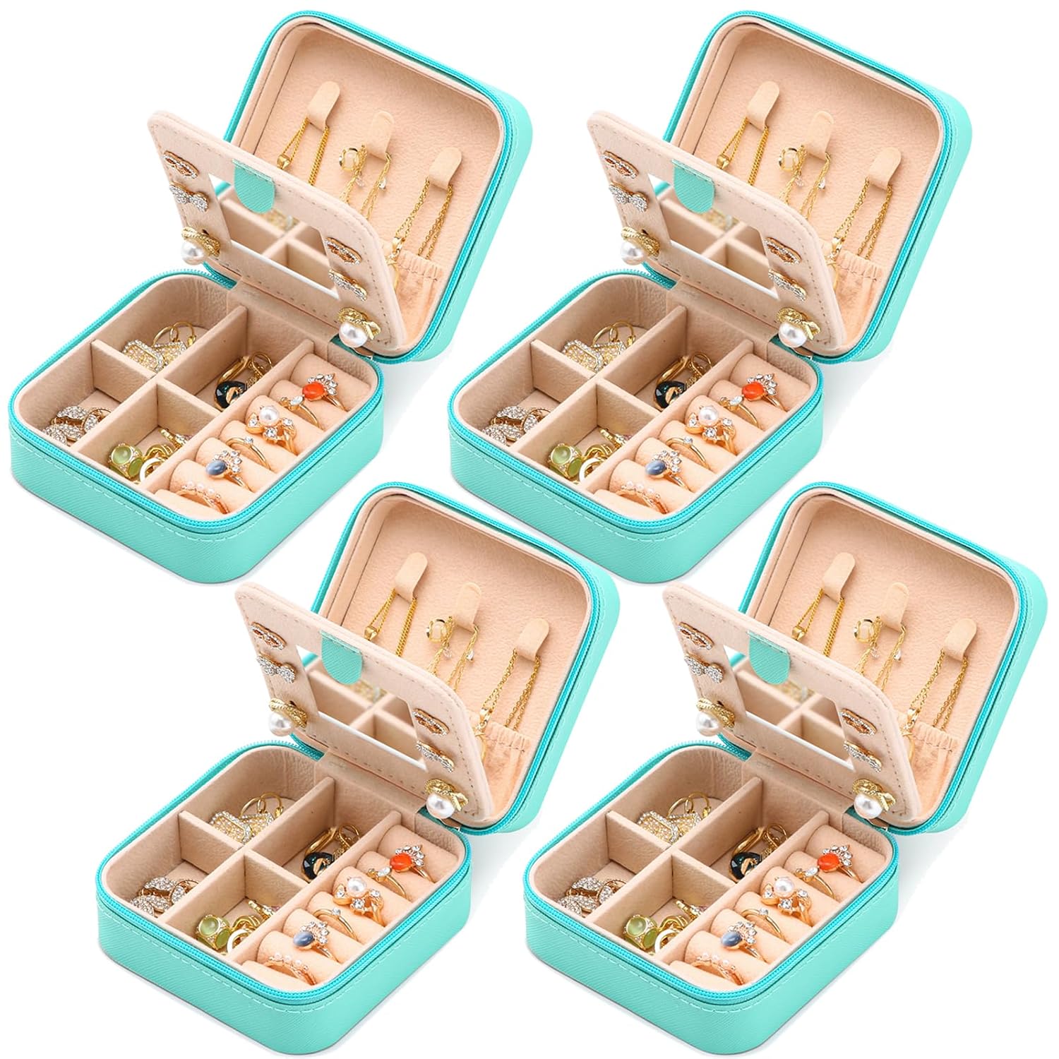 Neveika Jewelry Box with Mirror,Small Jewelry Organizer Box，Travel Jewelry Case for Women，Gift Jewelry Boxes for Female Girls (4pcs mirror blue)