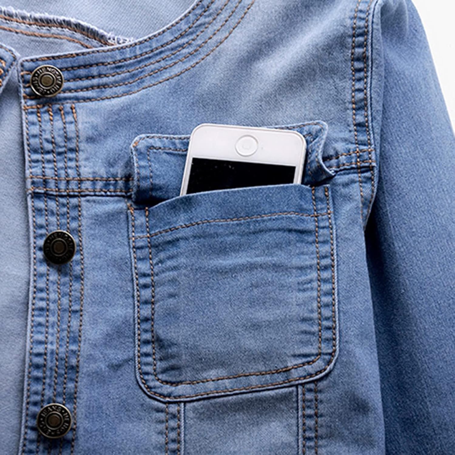 Women Short Denim Jacket Long Sleeve Round Neck Button Down Cropped Jean Jackets - Image 6