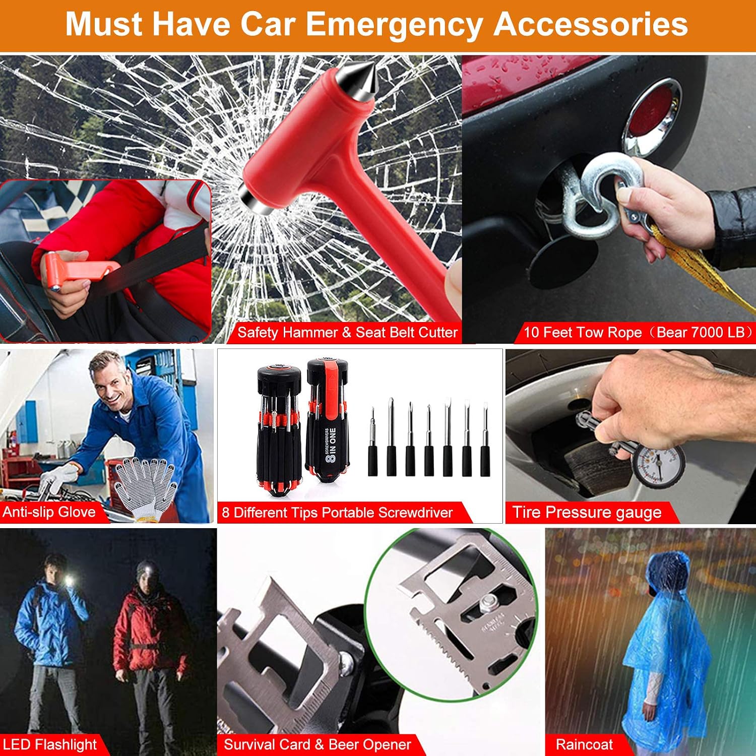 ISWEES Car Emergency Kit Auto Roadside Assistance Tool Bag with Winter Vehicle Safety kit Car Emergency Truck LED Blanket Shovel for Women and Men with Jumper Cables (13 x 8 x 4.5 inches)