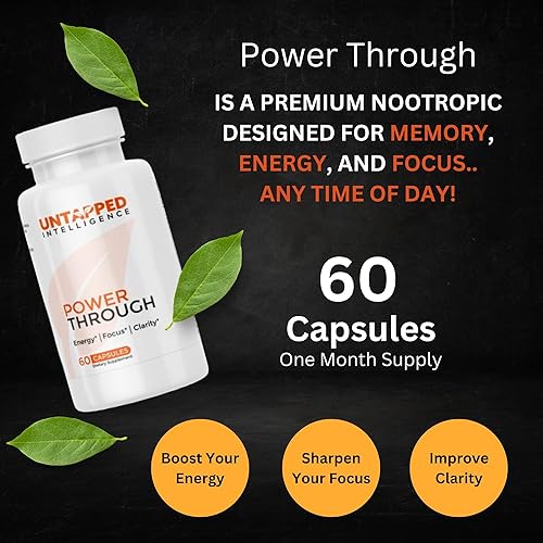 Miniatura 2 de Power Through - Suplemento cerebral nootrópico para memoria y concentración con L-teanina, Bacopa Monnieri, Rhodiola Rosea, B12, píldoras