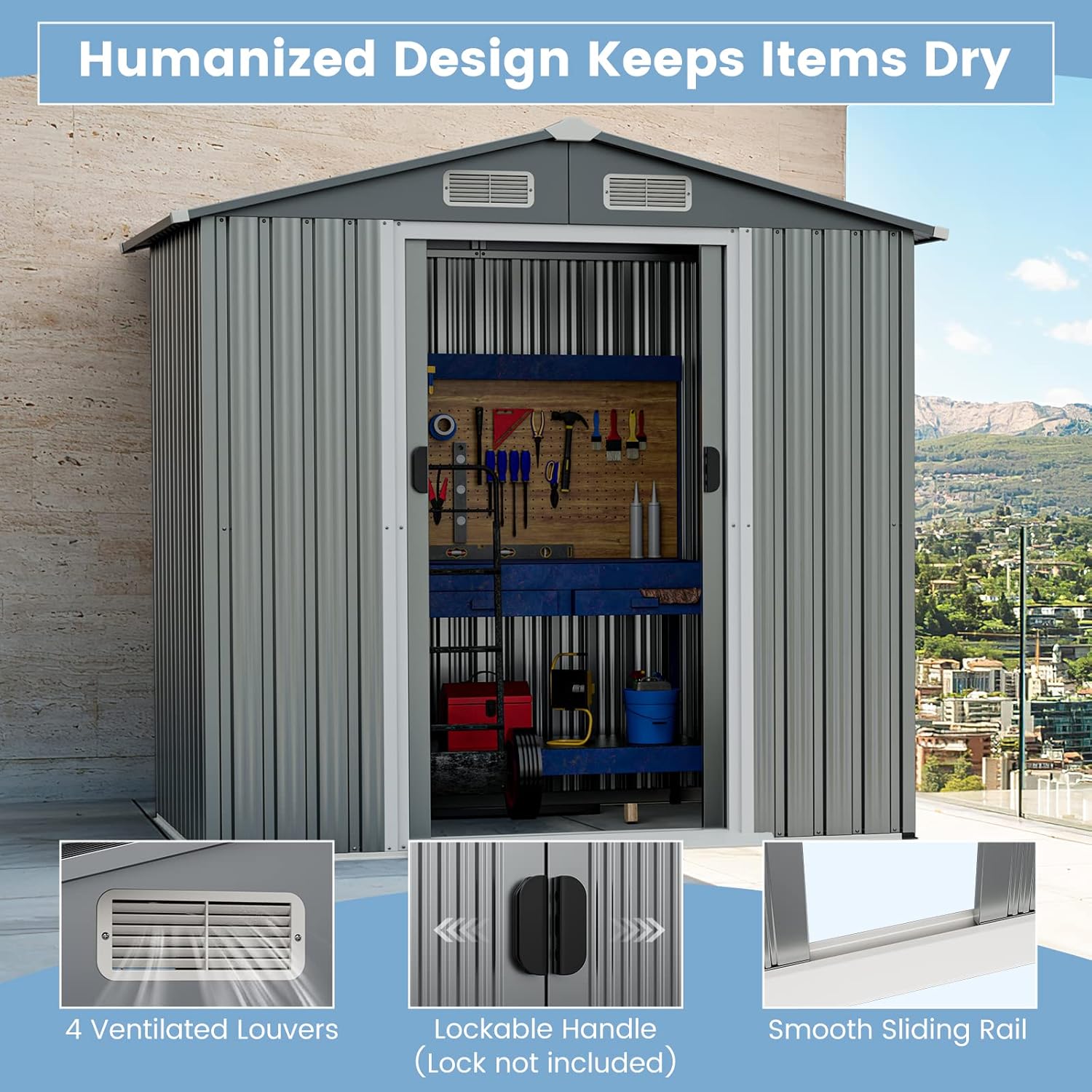 Metal Gray 6' x 4' Outdoor Storage Shed with Sliding Doors