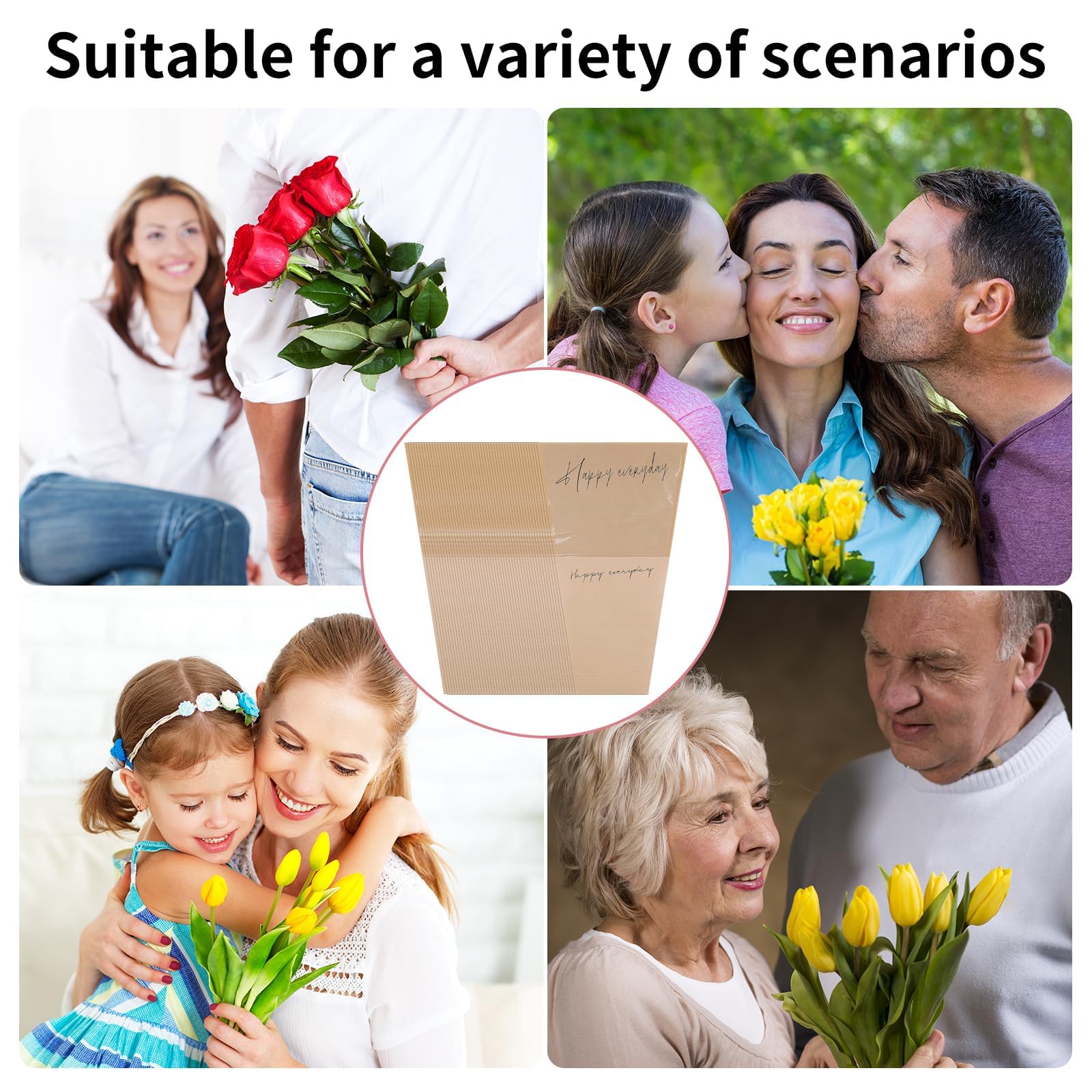100 sacchetti da regalo per fiori con stampa "Happy Everyday", 28 x 43 cm, in carta kraft, trasparenti, per bouquet di fiori, confezioni regalo, forniture per matrimoni