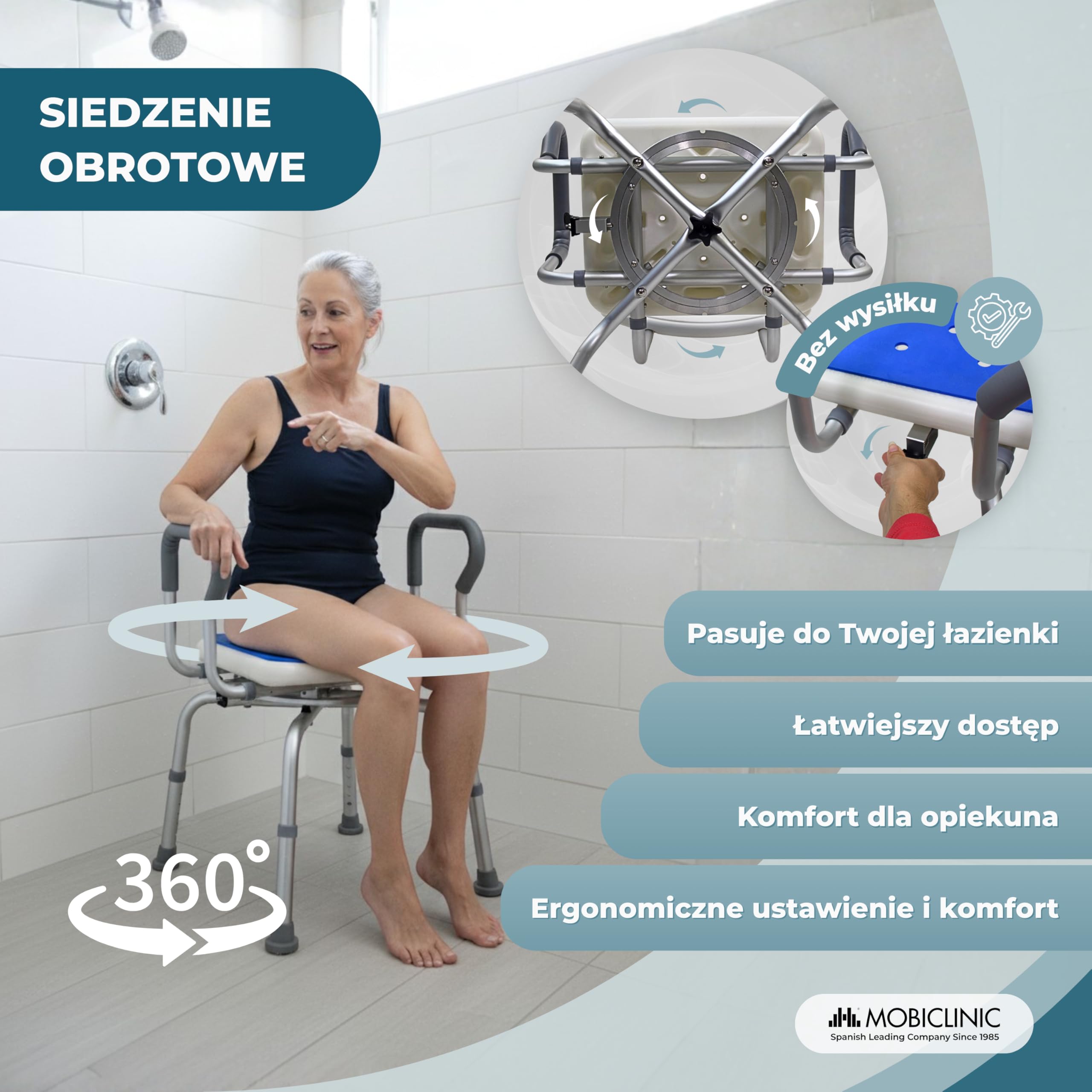 Mobiclinic®, Krzesło do Wanny Obrotowe 360°, Podłokietniki i Oparcie, Regulowana Wysokość, Siedzisko z Podkładką EVA, Antypoślizgowe Nakładki, Aluminium, dla Seniorów, Ograniczona mobilność, Akila