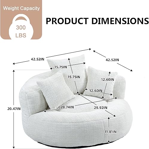 Miniatura 2 de Silla redonda extragrande de 42'', chaise lounge individual sofá cama tapizado con asiento profundo, silla bean bag de chenille con almohadas para