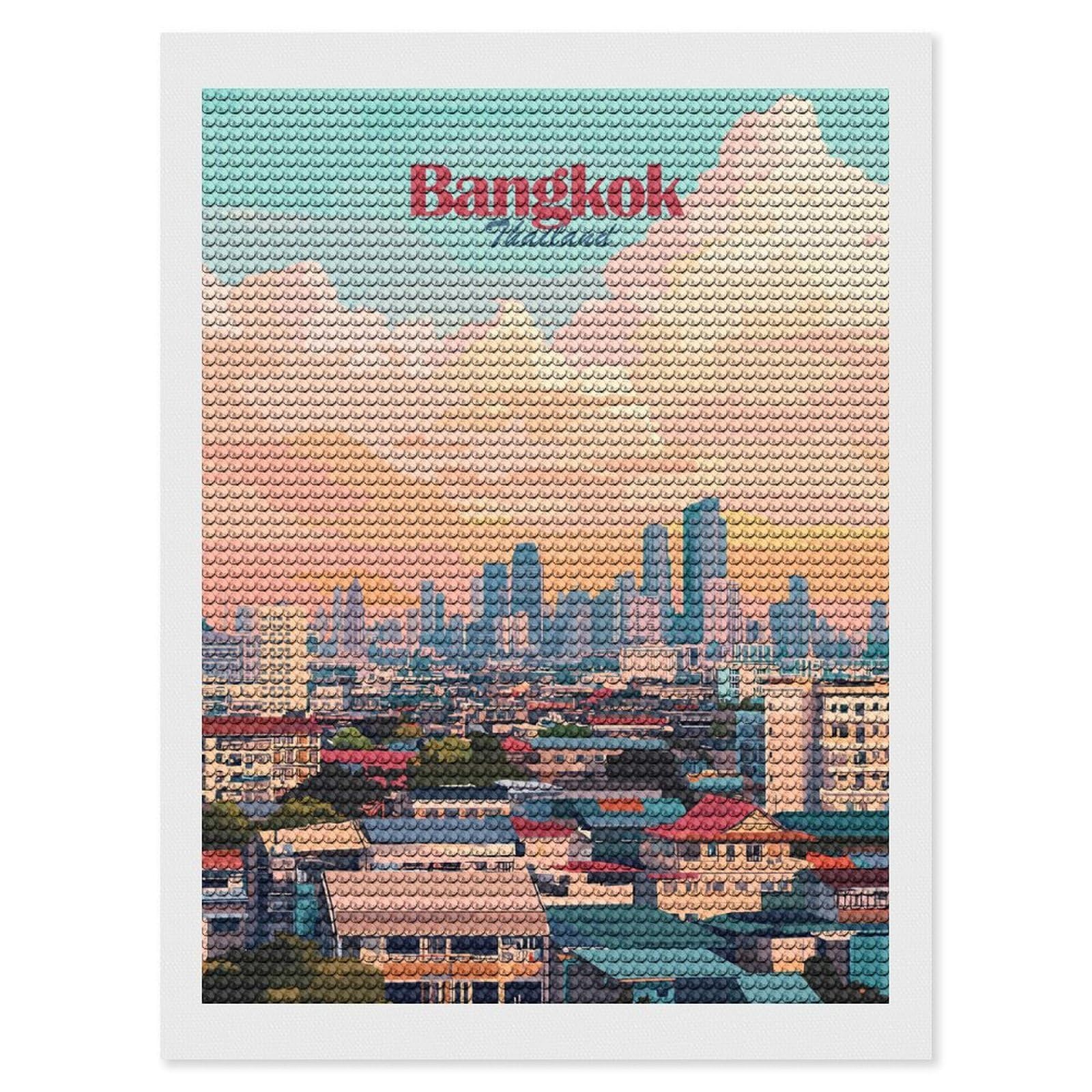 Junmoney Bangkok Thailand Cityscape Illustration Diamond Painting Canvas Kit 12"x16", Relaxing DIY, Modern Decor, Aesthetic Room Decor, Home Wall Art, Wall Art Gift