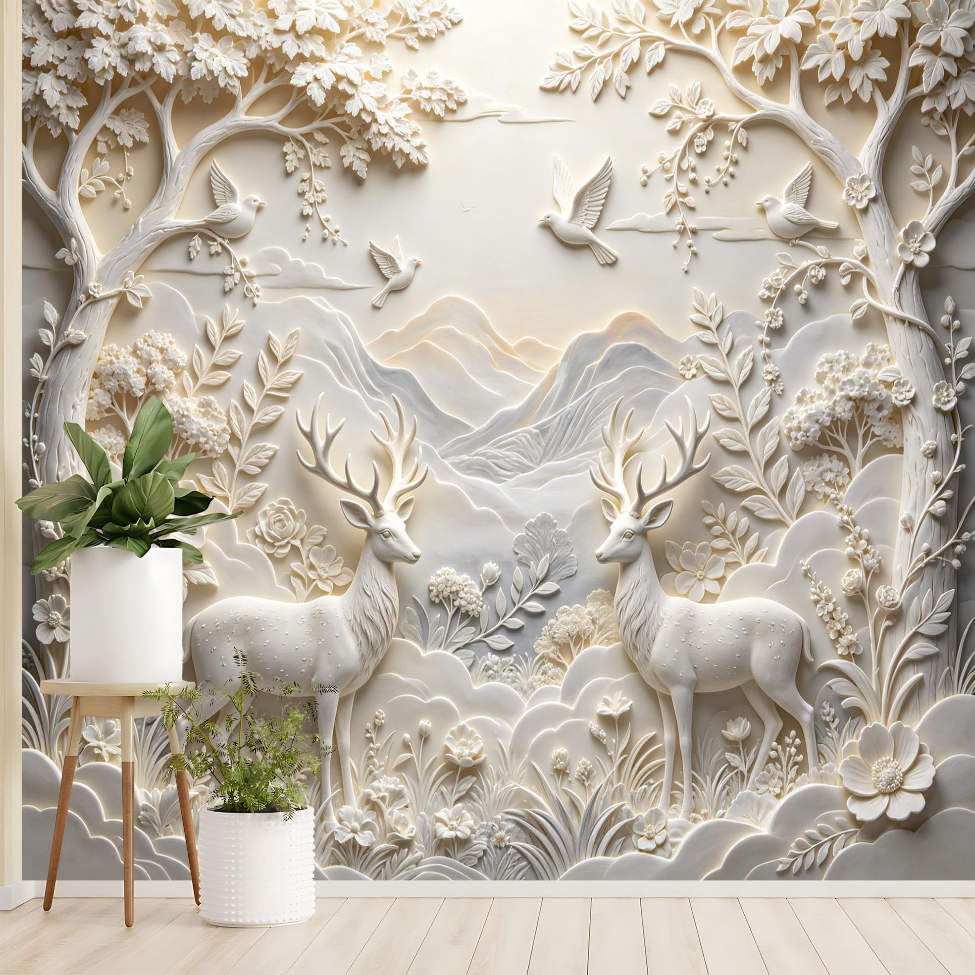 Obraz ścienny 3D "Las jelenia z włókniny z ptakiem i detalami drzewa, elegancki i luksusowy naturalny krajobraz, okładzina ścienna, 450 x 315 cm, kolor kości słoniowej beżowy, akcentująca dekoracja