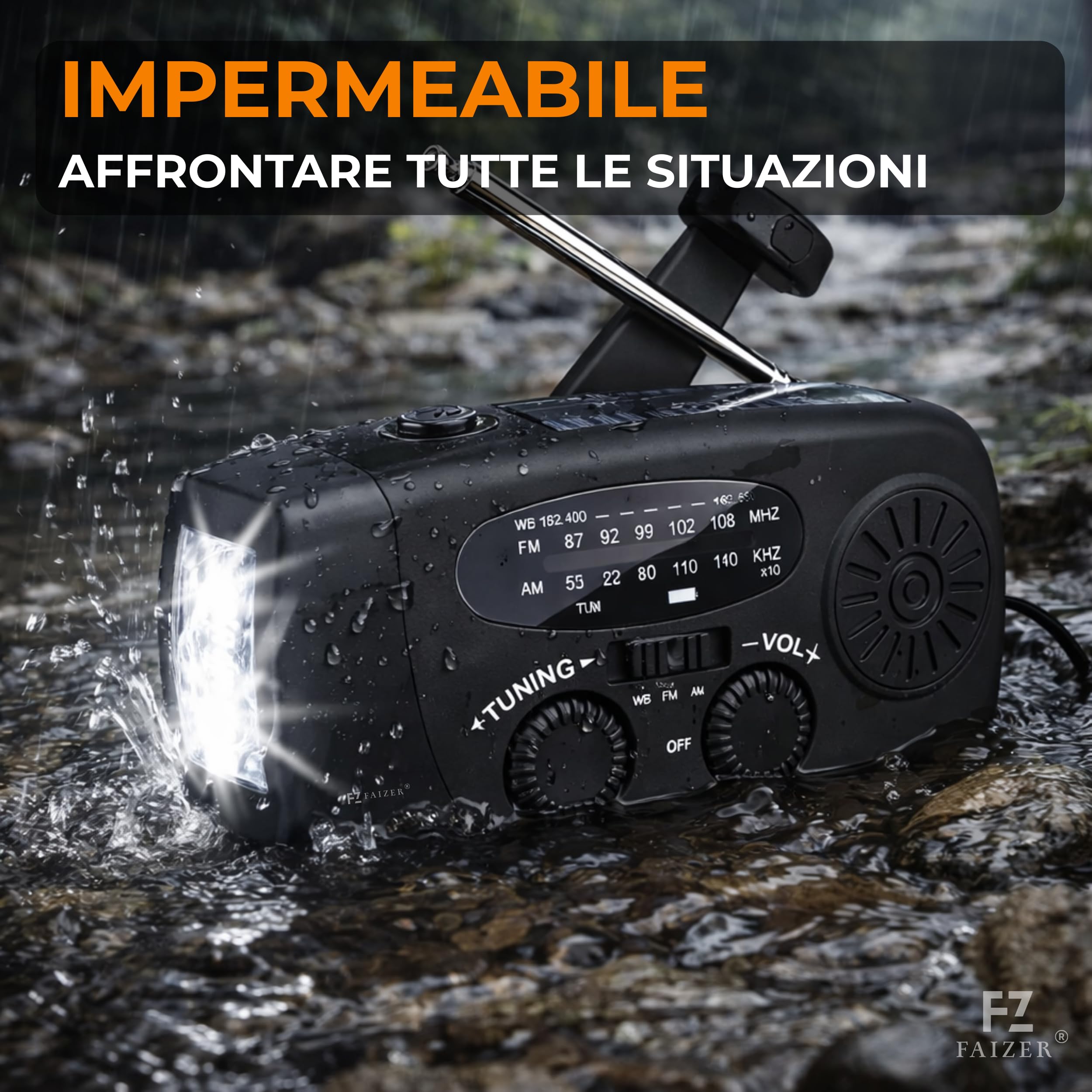 Radio portatile, Stazione meteo, Radiolina portatile, Radio FM/AM/WB, Power bank solare, Radio a Manovella Power Bank 2000 mAh per Ricarica Telefono di Emergenza, Kit di Sopravvivenza (Noir)