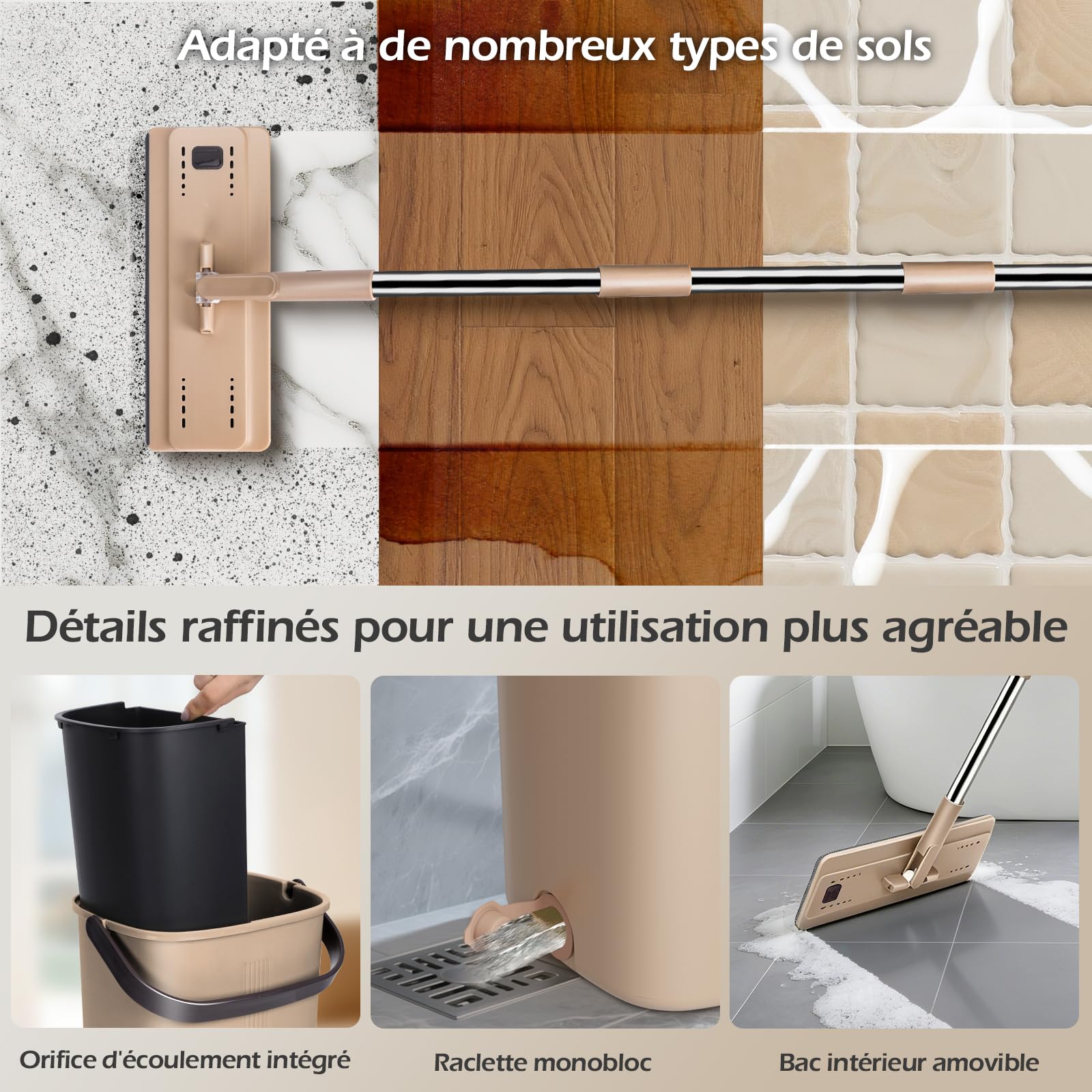 MASTERTOP Balai Serpillière et Seau Essoreur, Balai Microfibre Rotatif 360° et Seau à 2 Compartiments, Serpillière de Mains Libre pour Nettoyage de Sol, avec 6 Tampons Réutilisables (Beige)