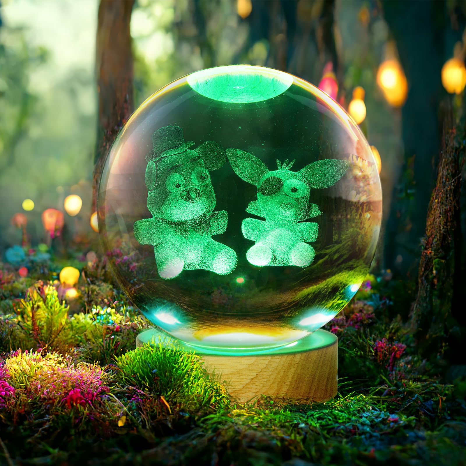 Large 3D FANF Crystal Ball Night Light, Crystal Lamp 7 Color Changing with Wooden LED Base for Bedroom Decor, 5 Nights Freddy's Lamp for Boy Girl Christmas Halloween Birthday Gift