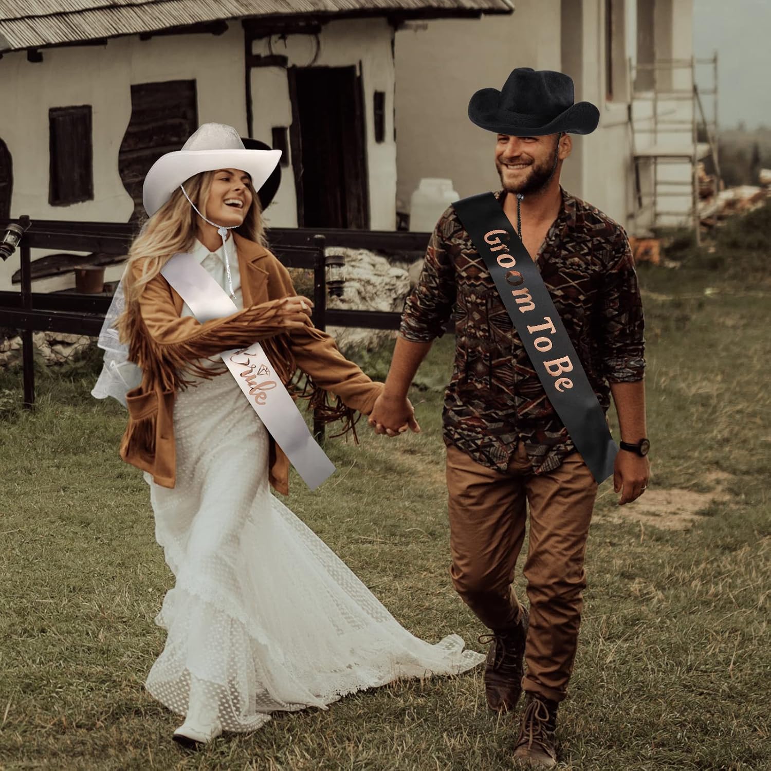 SATINIOR 2 Pieces Bride Cowgirl Hat with Veil, Groom and Cowboy Hats, Bachelorette Party Supplies Bride and Groom to Be Sash for Women Men Wedding Bridal Shower Decoration