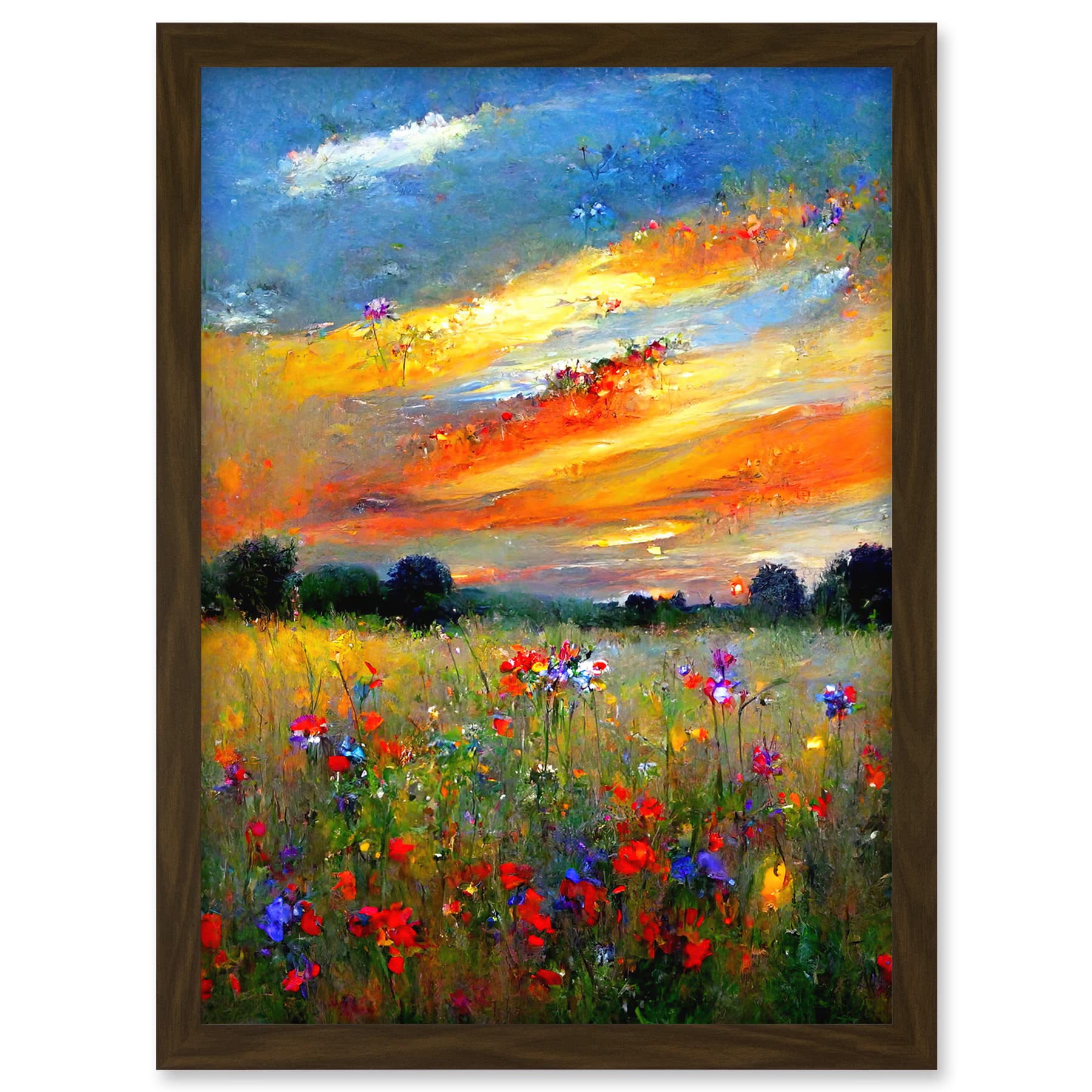 Doppelganger33 LTD Sunset Wildflower Peaceful Summer Meadow Oil Painting Artwork Framed A3 Wall Art Print
