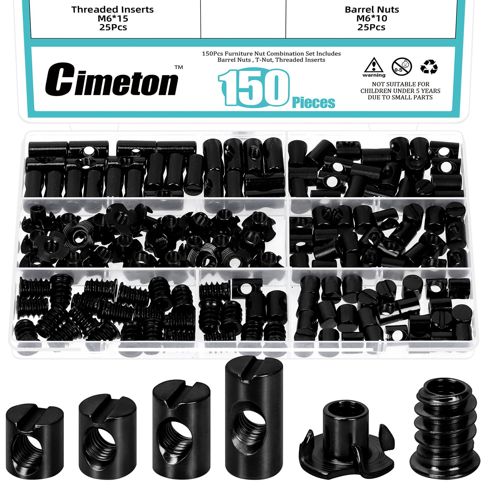 Cimeton 150PCS Black Metric M6 Barrel Nuts Cross Dowels Slotted Nut Kit with 4-Pronged Tee Nut Wood Inserts Bolt for Wood Furniture — image 1