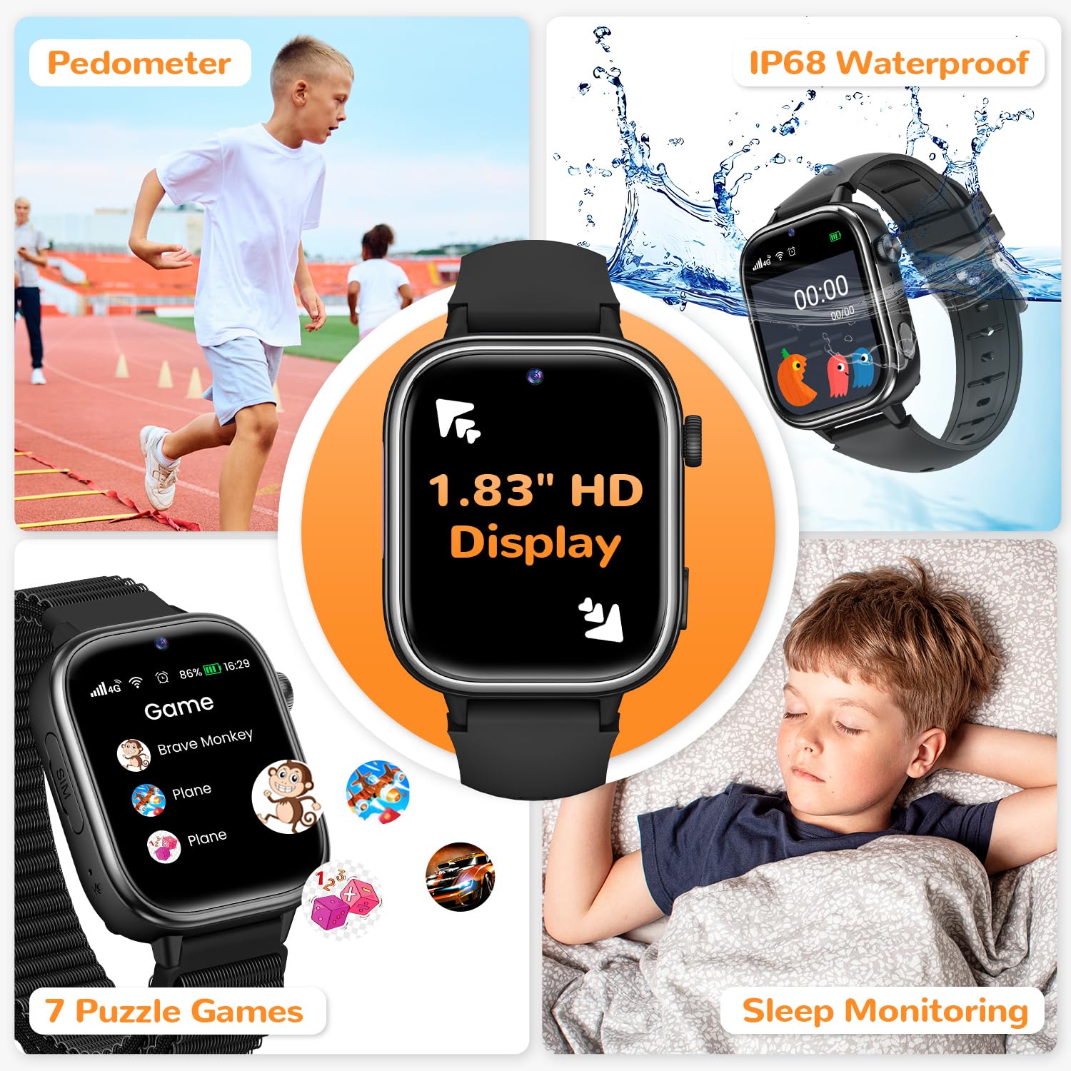 RUXINGX Montre Connectée Enfant avec GPS et Telephone Smartwatch 4G (Noir) | Appel Vidéo, Appel, SOS, Mode Classe, Podomètre, Appareil Photo, IP68 Étanche, Cadeau pour Garçons Filles