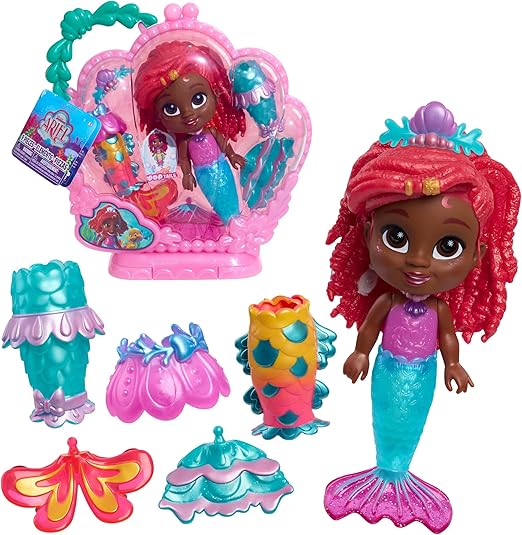 Just Play Disney Junior Pop Tails Ariel 7-inch Doll and Accessories, 9-Pieces, Kids Toys for Ages 3 Up