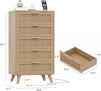 Rovaurx Modern 5 Drawer Dresser for Bedroom, 42.7" Tall Rattan Chest of Dressers with Charging Station, Dresser Chest with Wooden Handles, Beside Table for Closet, Living Room and Entryway, Natural