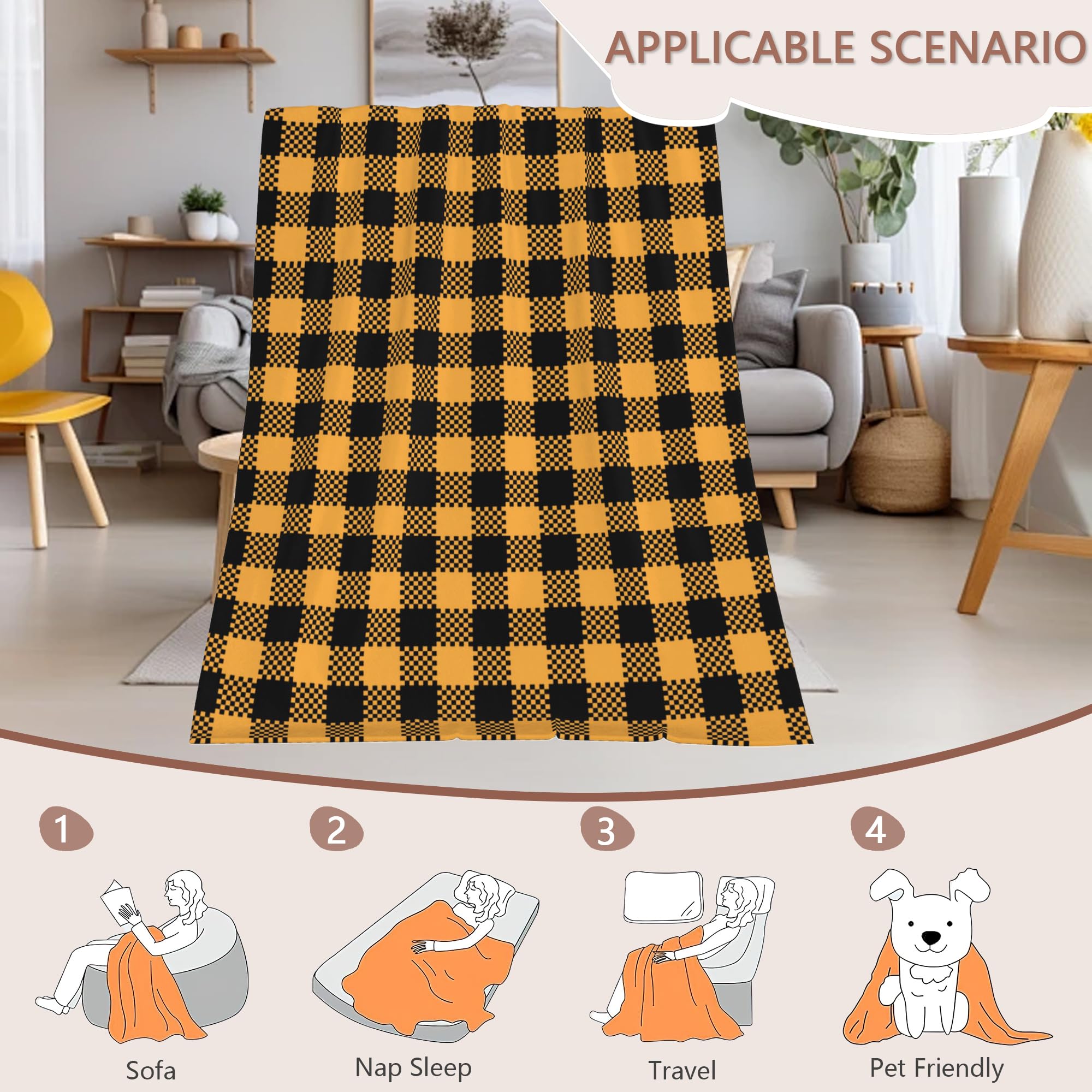 Manta de cuadros escoceses negros y naranjas, manta de franela naranja para Halloween, unisex, manta ligera y suave para niñas, niños y adultos, sofá de 50 x 60 pulgadas