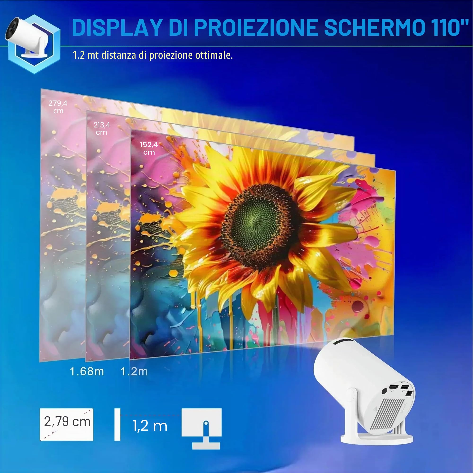 Mini Proiettore, Proiettore Portatile 4K, Upgraded Videoproiettore con Bluetooth 5.4 WiFi 6, Ruotabile 180°, Android 14, Correzione Trapezoidale Projector Compatibile iPhone/Android/PC (Bianco)