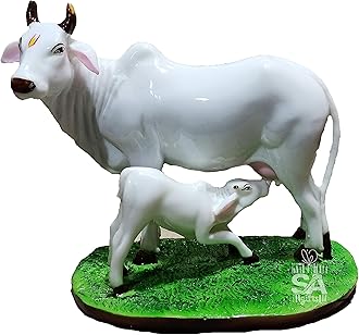 S A GIFTS Sai Amrut Handicraft Decorative Polystone Cow and Calf Big Statue/Idol for Gift Home Decor 7 inch (Marble Cow)