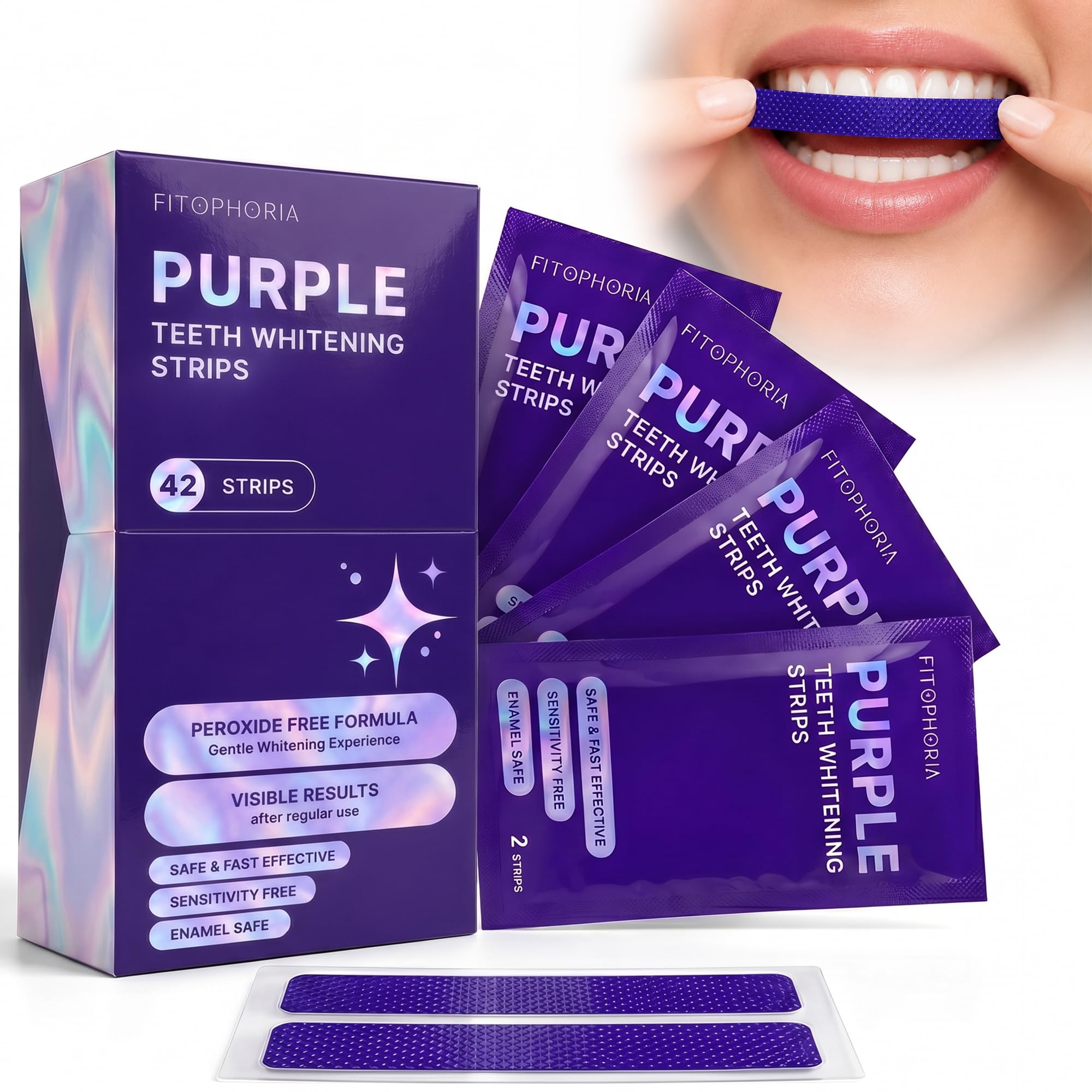 Fitophoria Purple Teeth Whitening Strips - 42 Count - Peroxide Free Color Correcting Whitening Strips - At Home Smile Care Kit