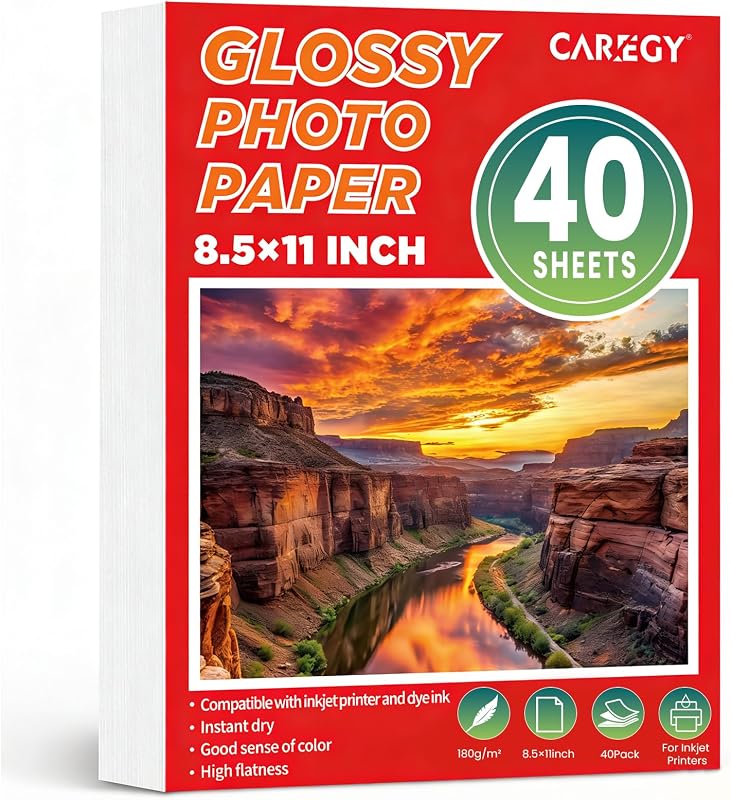CAREGY 40 Sheets Single Sided Glossy Photo Paper for Inkjet, 8.5x11 Inches, | 180GSM Printer Picture for Inkjet Printer with Dye Ink