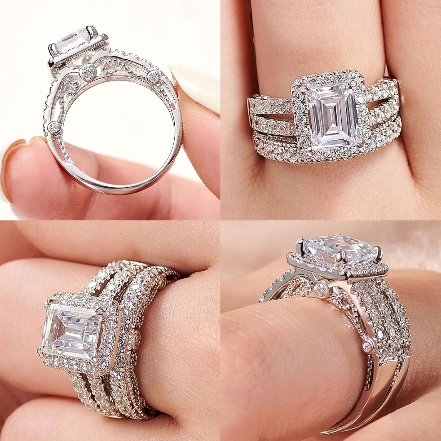 Wuziwen Vintage Emerald Cut Engagement Rings Wedding Ring Set for Women 925 Sterling Silver CZ