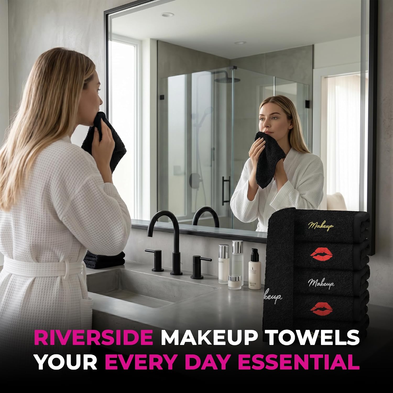 RIVERSIDE Black Makeup Towels - Pack of 6 (13x13) Soft Cotton Makeup Washcloths for Face - Reusable, Quick-Dry Makeup Remover Towels for Bathroom, Spa & Salon - Gentle on Skin - Lipstic