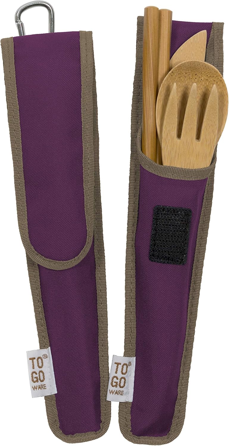 TO GO WARE Reusable Bamboo Utensil Travel Set | Includes Fork, Knife, Spoon, Chopsticks, & Carabiner Clip | Made from Sustainable Materials | Eco-Conscious | Mulberry (Pack of 2)