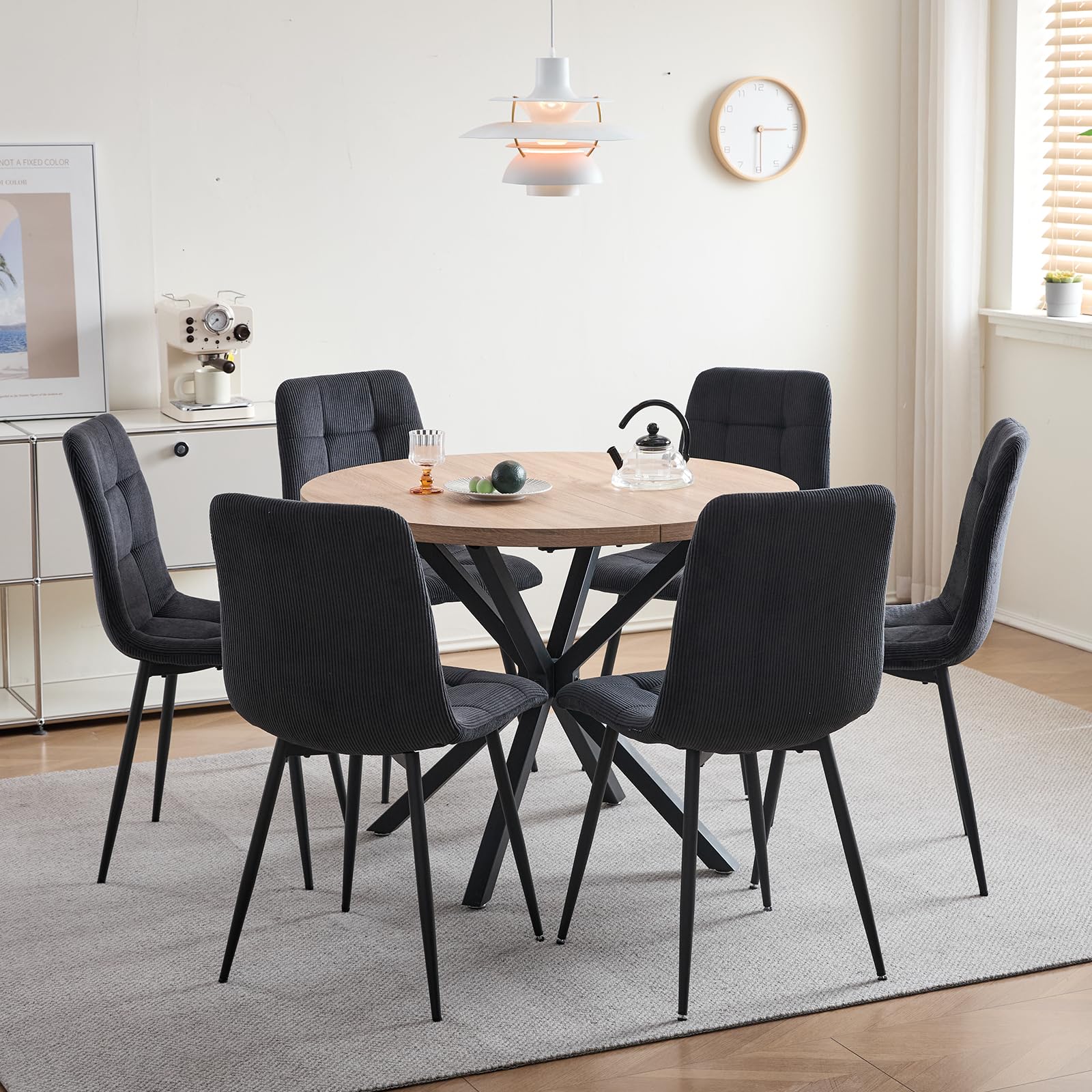 Set di 6 Sedie da Pranzo Nordiche, Sedie da Cucina in Velluto a Coste, Gambe in Metallo Nero, Seduta e Schienale in Spugna ad Alta Densità, Adatte per Soggiorno, Cucina - Nero