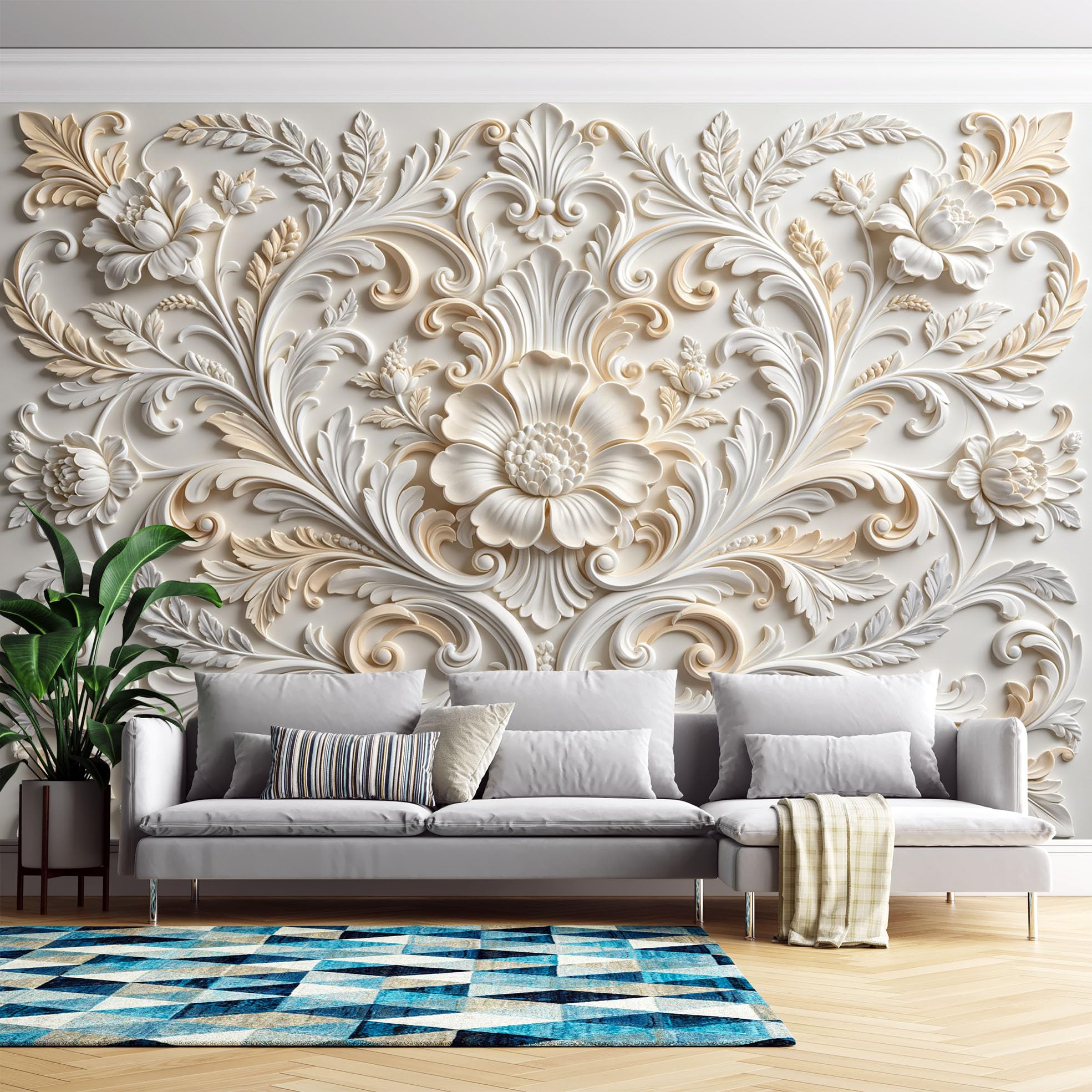Papier peint autocollant effet 3D motif floral blanc haut de gamme