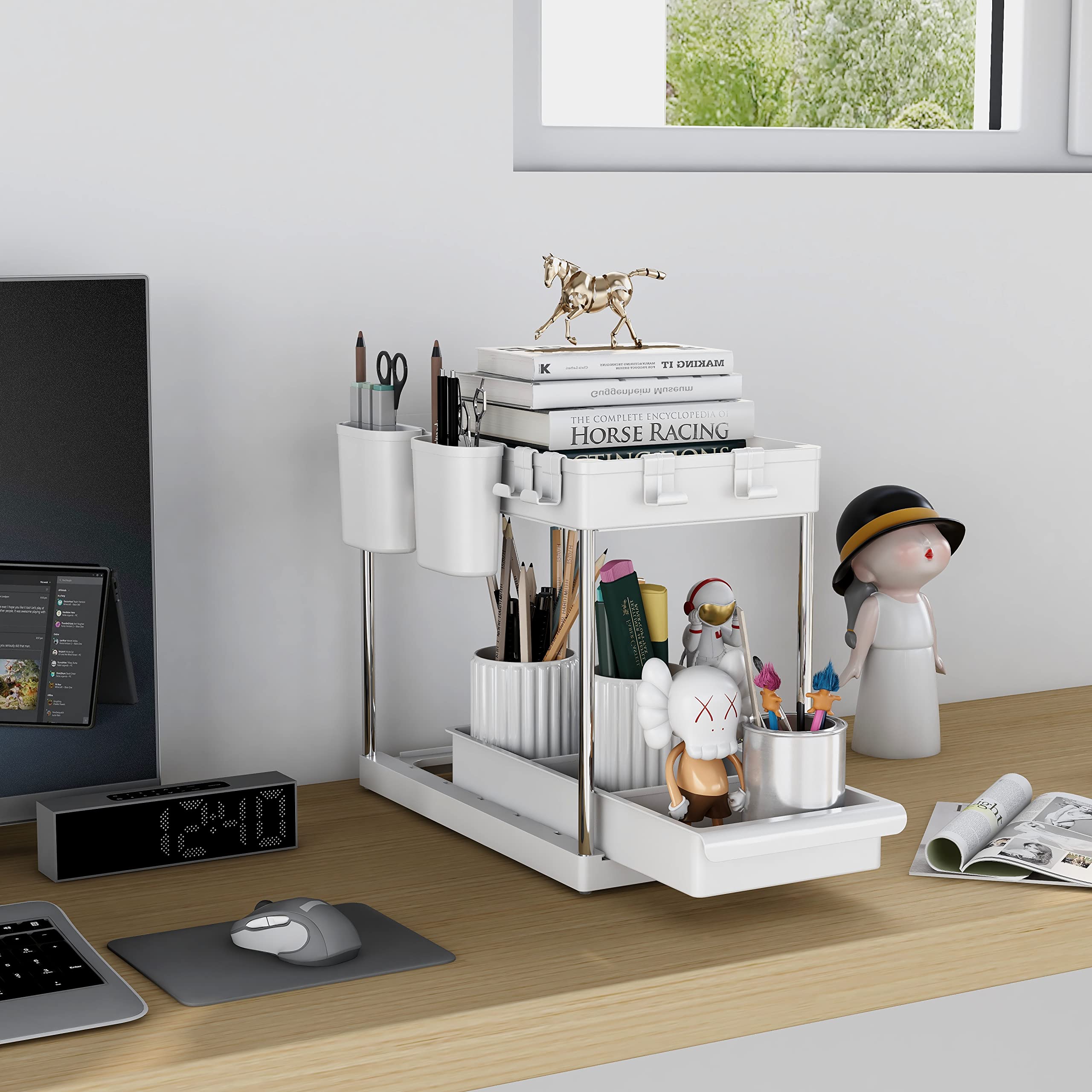 Mondeer Portaoggetti Sotto il Lavello Meerveil, Multifunzionale, a 2 Livelli, con 4 Ganci e 2 Tazze per Appendere, Per Ufficio, Cucina,Bagno, L22 x P40.7 x H32.5cm, Bianco