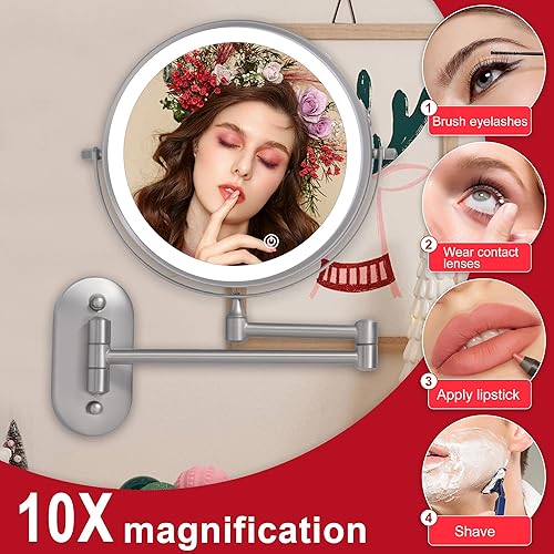 Miniatura 5 de Espejo de tocador de maquillaje montado en la pared con luces, espejo de afeitado de baño con aumento de níquel 10X, LED recargable (8CB-N10X).