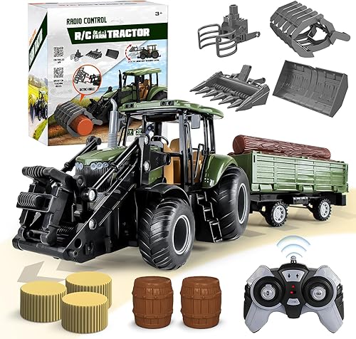 Tractor de control remoto, juego de tractor RC de 2.4 GHz, juguetes de granja para niños con 2 métodos RC4 unidades de cargador frontalmultigrano,