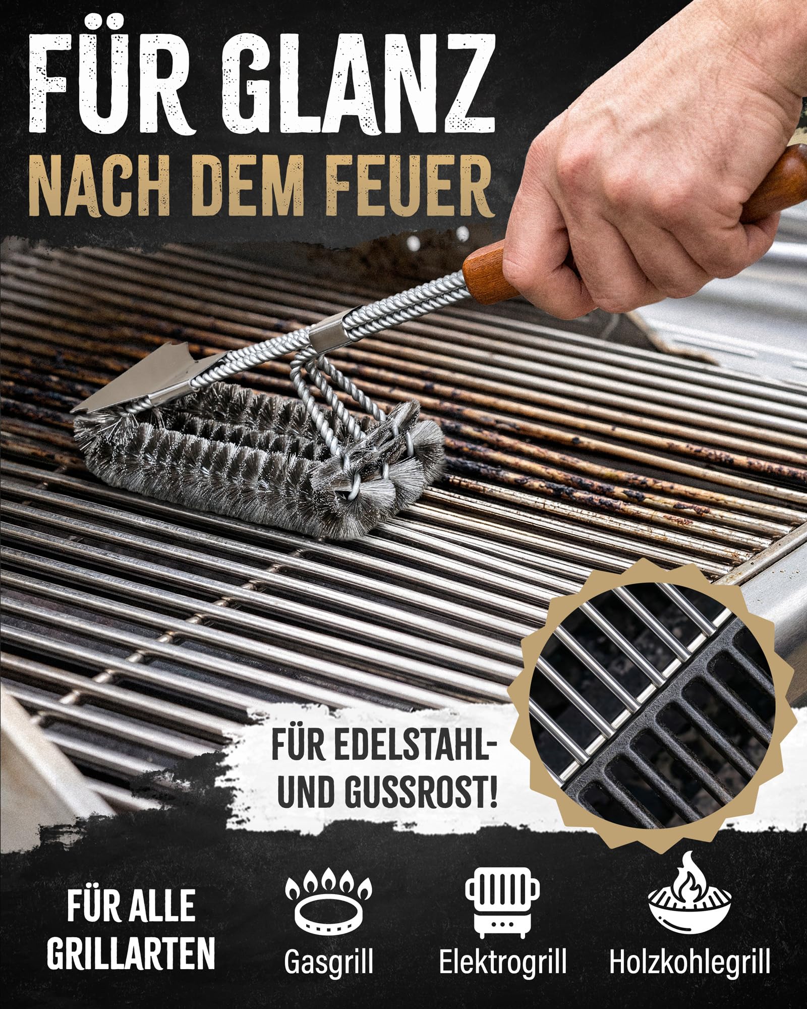 5 in 1 Grillbürste Edelstahl mit Schaber [TESTSIEGER] kompatibel mit Weber Grill Zubehör für gasgrill gusseisen - BBQ Set Grillreiniger bürste für Gussrost - Grillen Geschenke für männer grillzubehör