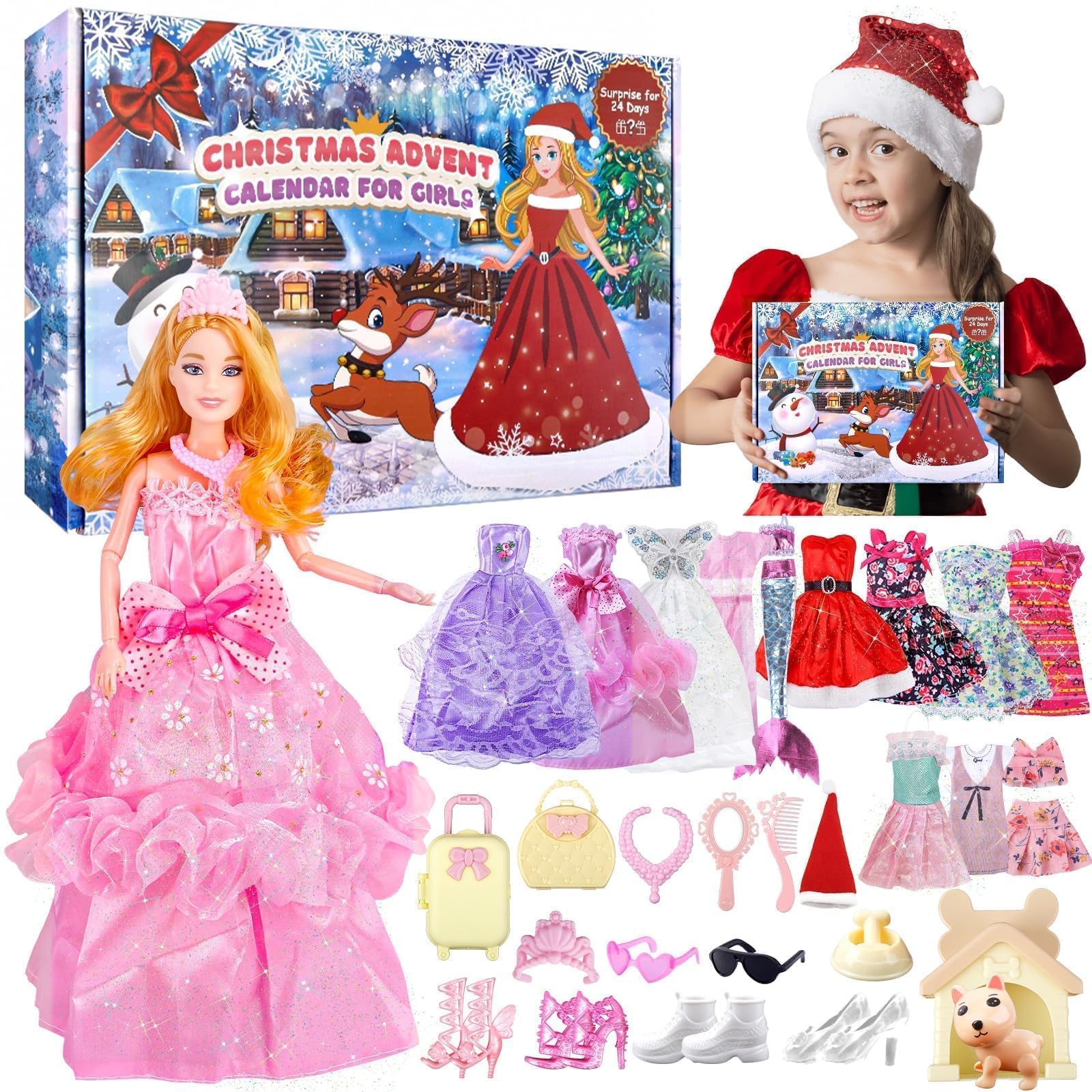 Calendario dell'Avvento 2025 Bambina Bambole- Bambole Vestiti Accessori 24 Giorni di Sorprese Natale Calendario Fai da Te Abiti Bambo Sirena Regalo